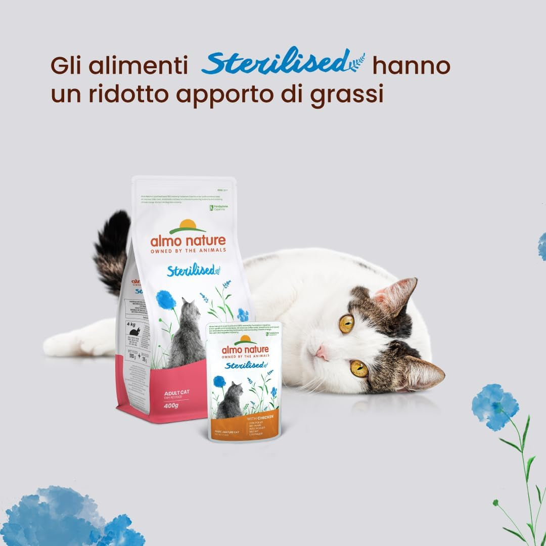 Almo Nature Functional - Sterilizované - Mokré krmivo pro dospělé a starší kočky, sterilizované nebo méně aktivní - s treskou a kuřecím masem - Nízkotučné, zvlhčující - 70 g (balení 6 ks)