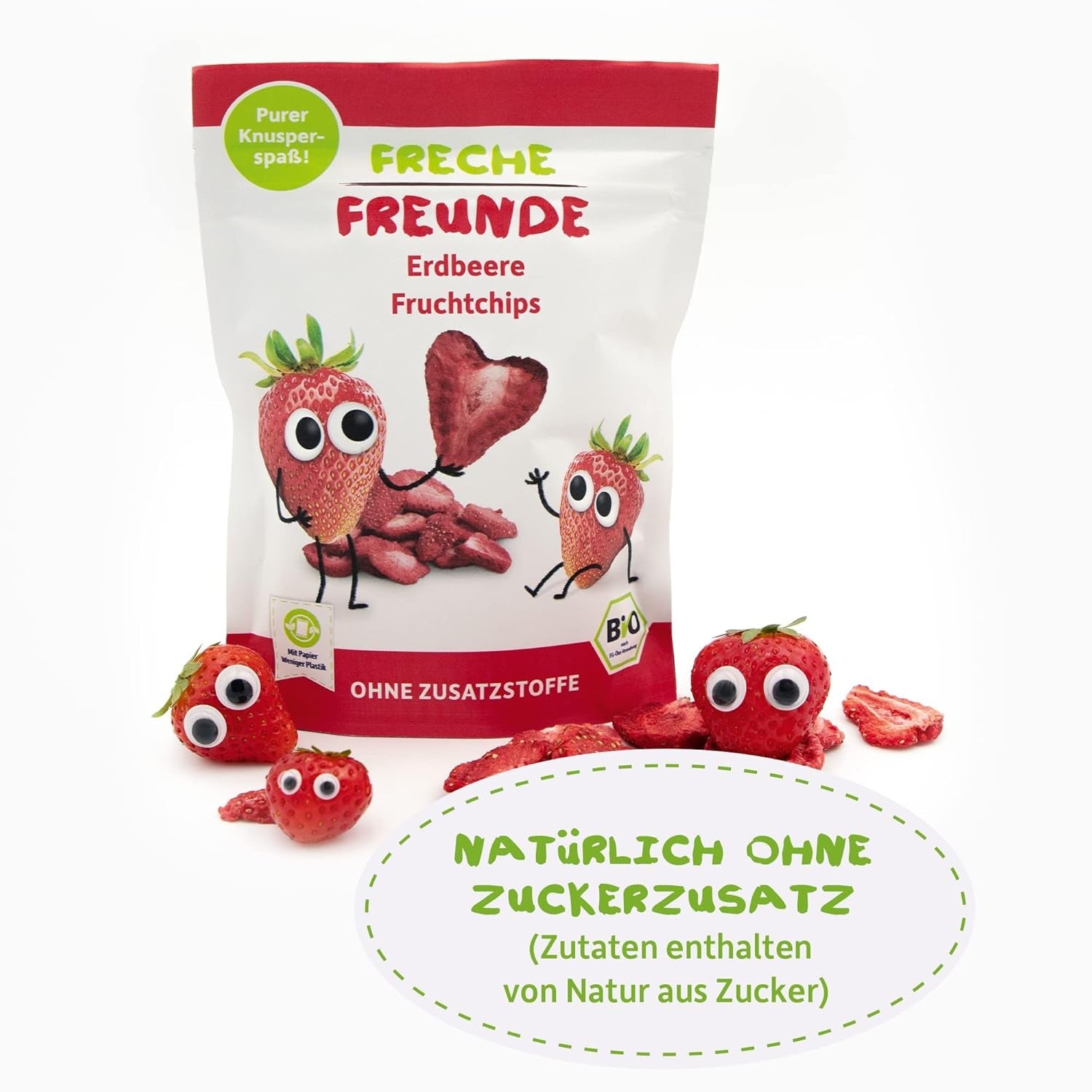 FRECHE FREUNDE Bio jahodové chipsy, mrazem sušené ovocné chipsy, přírodní sušené ovoce nakrájené bez přidaného cukru, veganské, bez laktózy, bez lepku, balení 12 ks (12 x 12 g)