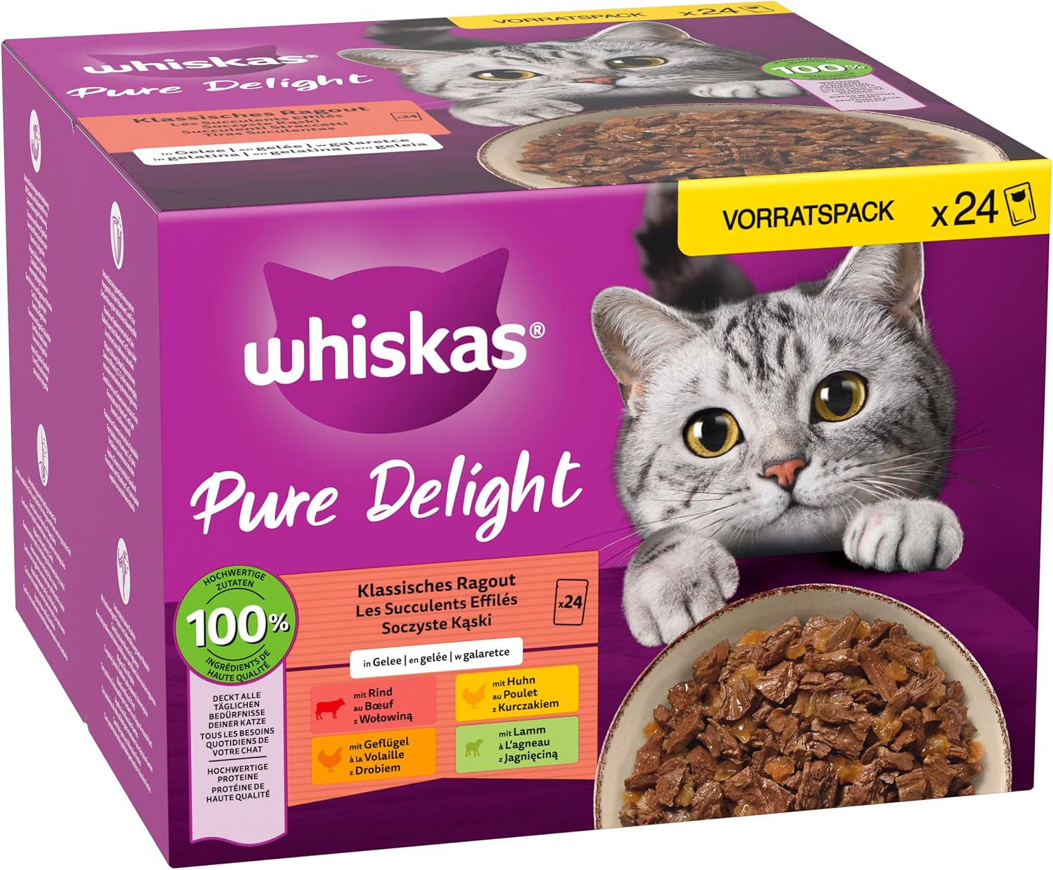 WHISKAS PURE DELIGHT Mokré krmivo v želé 24 x 85 g Klasické ragú (4 balení) 48 porcovaných sáčků