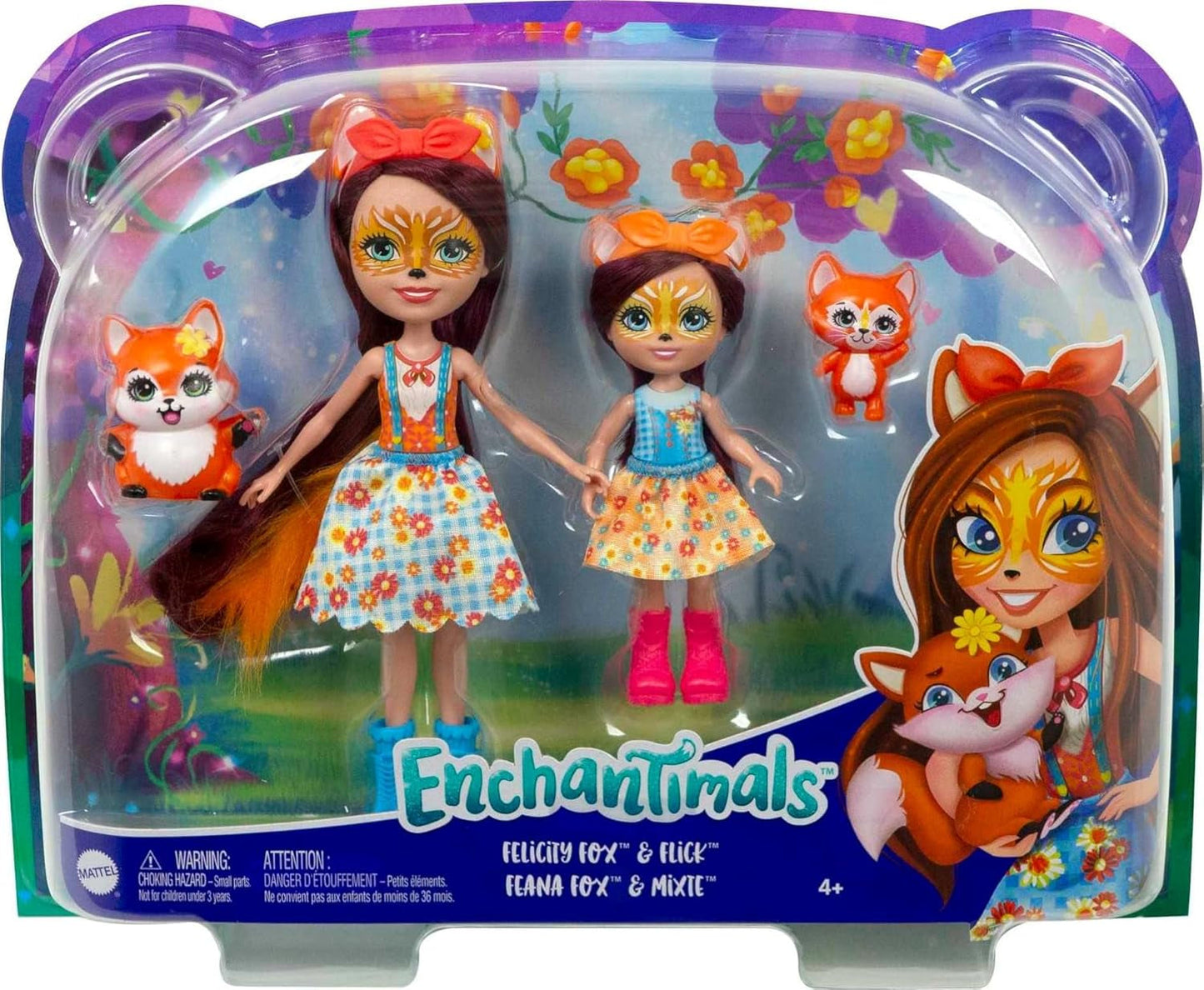 Enchantimals HCF81 - Felicity Fox a její sestřička (cca 15cm a cca 10cm) a 2 figurky zvířátek, odepínací sukně a doplňky, skvělý dárek pro děti od 3 let