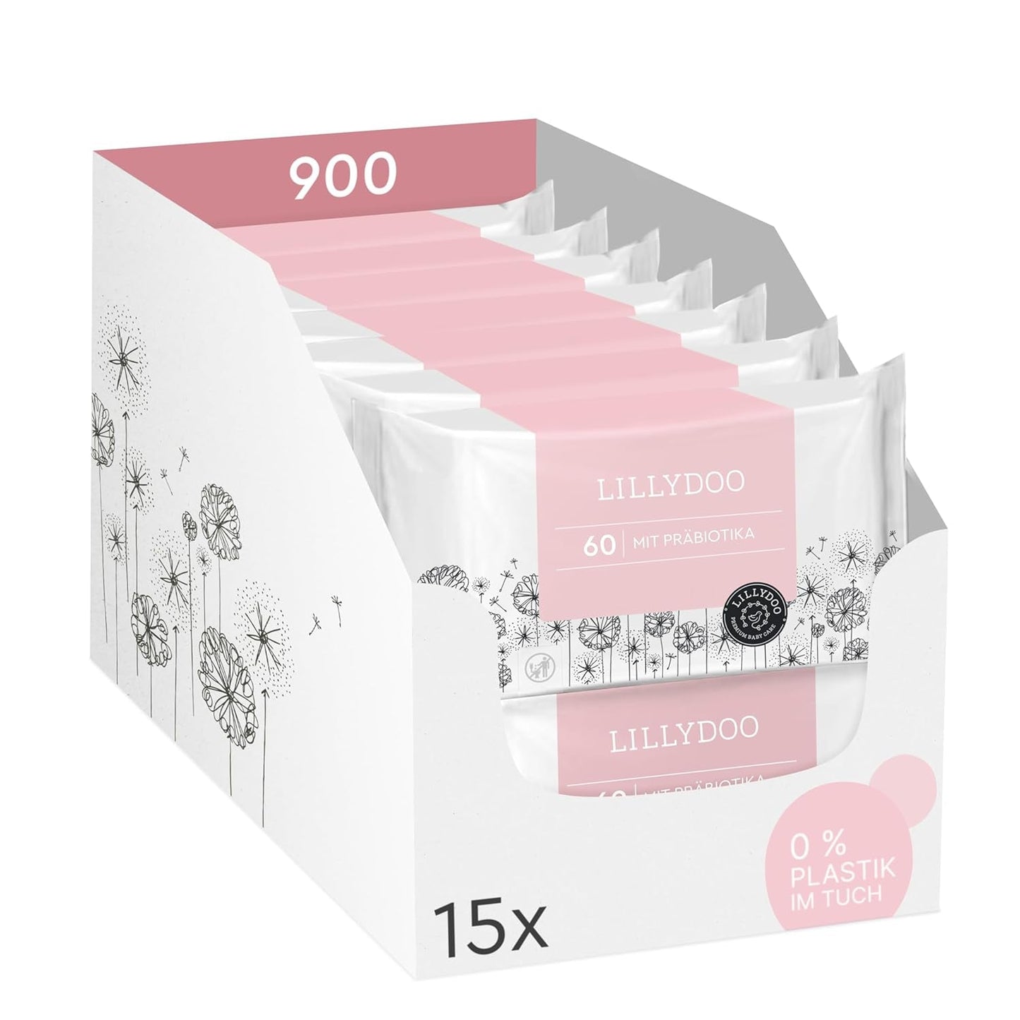 Zelené vlhčené ubrousky LILLYDOO, počet 600 (10 x 60), 100% ubrousek odolný proti roztržení bez plastů – bez parfemace, jemný a přírodní, jemný čistící prostředek pro citlivou pokožku, dermatologicky testováno