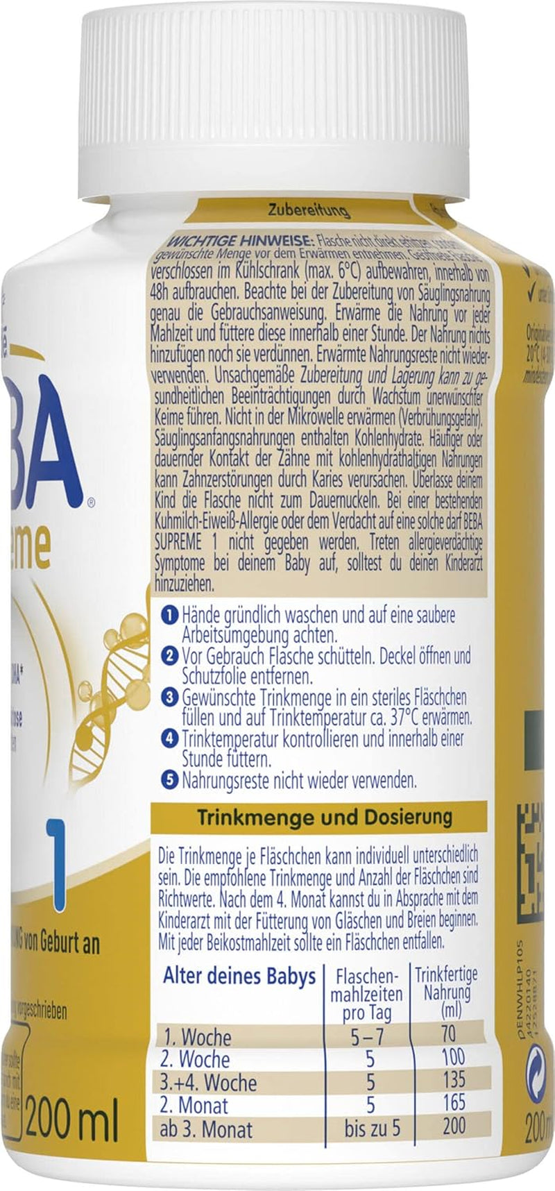 BEBA Nestlé BEBA SUPREME 1 Kojenecká výživa: Lahvičky k pití s ​​Omega 3, 1 balení (1 x 200 ml)