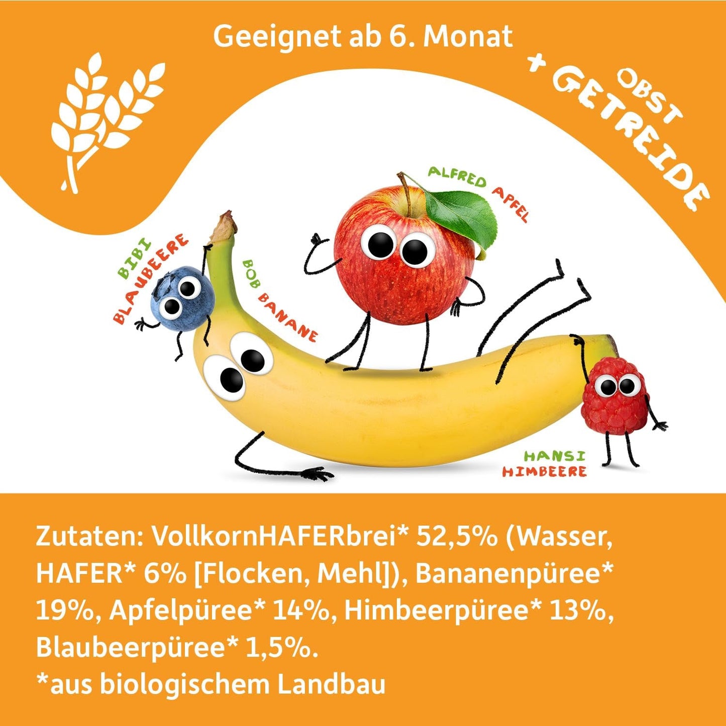 FRECHE FREUNDE Bio ovocná kapsička banán, jablko, malina, borůvka s ovsem, ovocné pyré s cereáliemi ve stlačitelném sáčku pro děti od 6 měsíců, veganské, balení 6 ks (6 x 100 g)