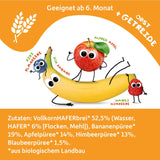 FRECHE FREUNDE Bio ovocná kapsička banán, jablko, malina, borůvka s ovsem, ovocné pyré s cereáliemi ve stlačitelném sáčku pro děti od 6 měsíců, veganské, balení 6 ks (6 x 100 g)
