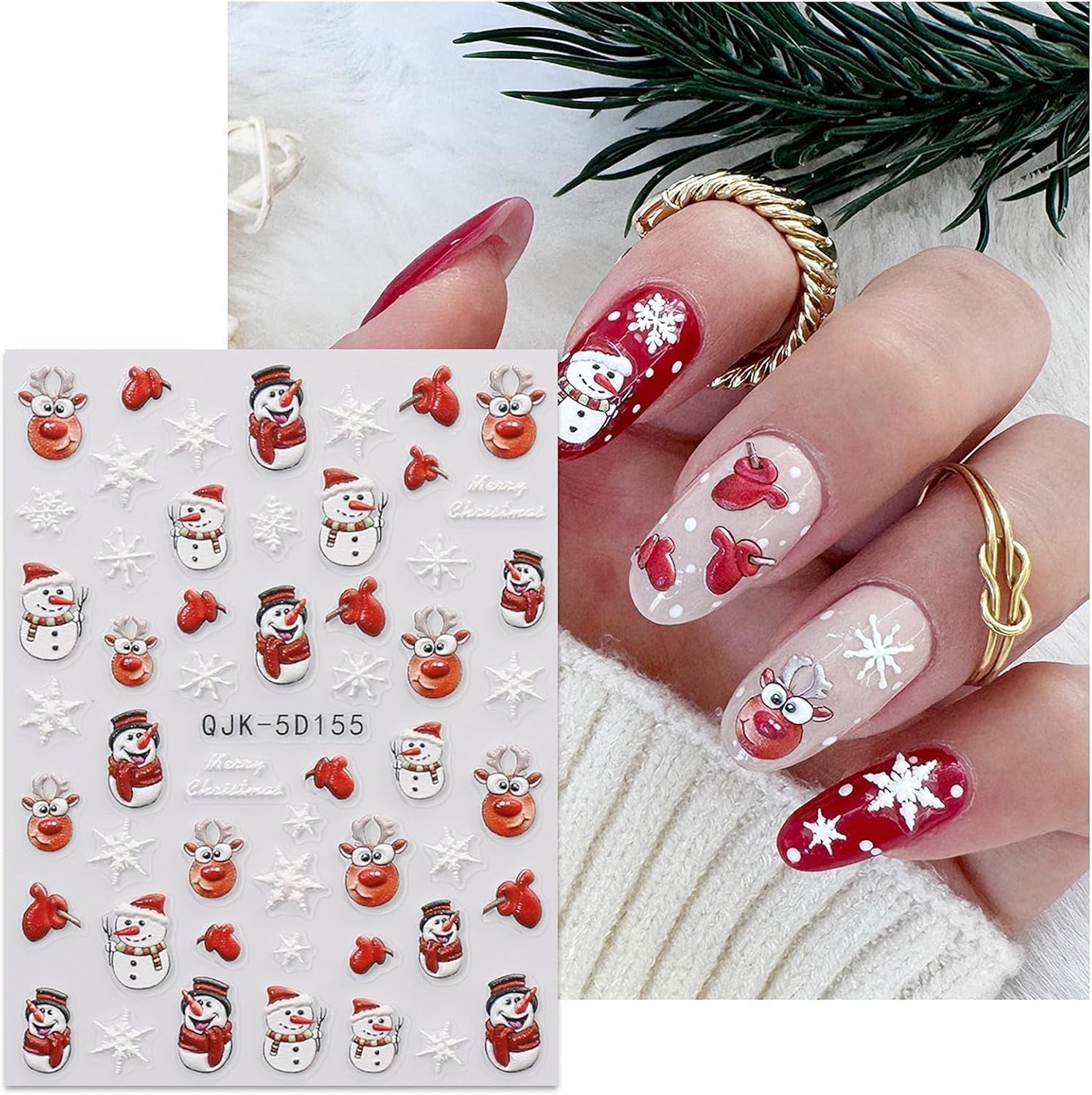 JMEOWIO 3D Nálepka na nehty Weihnachten Nálepka na nehty Selbstklebend Nagelaufkleber 5D Stereoskopisch Schneeflocke Xmas Winterurlaub Niedlich Dekoration Nageldesign Zubehör 4 Blatt