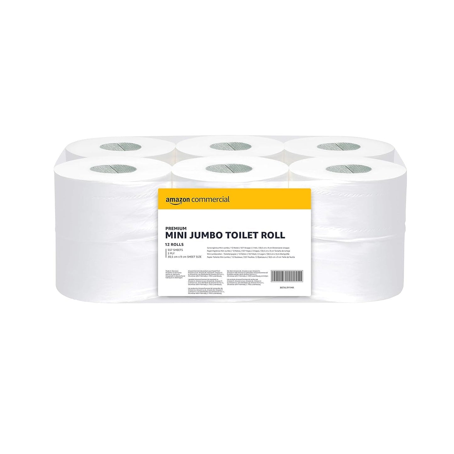 Amazon commercial Mini Jumbo toaletní papír, neparfémovaný, 2 vrstvy, 6684 kusů, 1 balení 12 rolí, 557 listů na roli, velikost listu: 30,5 x 9 cm, bílý, kompatibilní se zásobníky T2