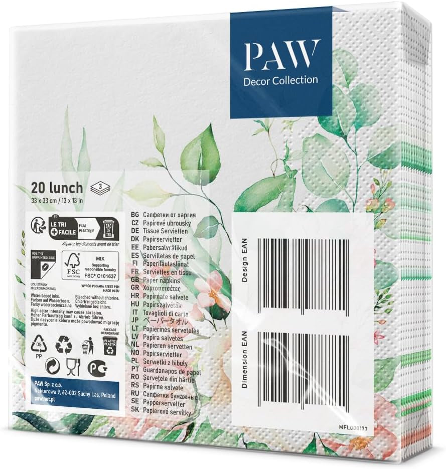 PAW - 3vrstvé ubrousky (33 X 33 cm) I 20 kusů I Ideální na narozeniny, večírky, svatby, přijímání a svátky I Barevné papírové ubrousky - květiny, růže I Barva: květinové momenty (balení 2 ks)