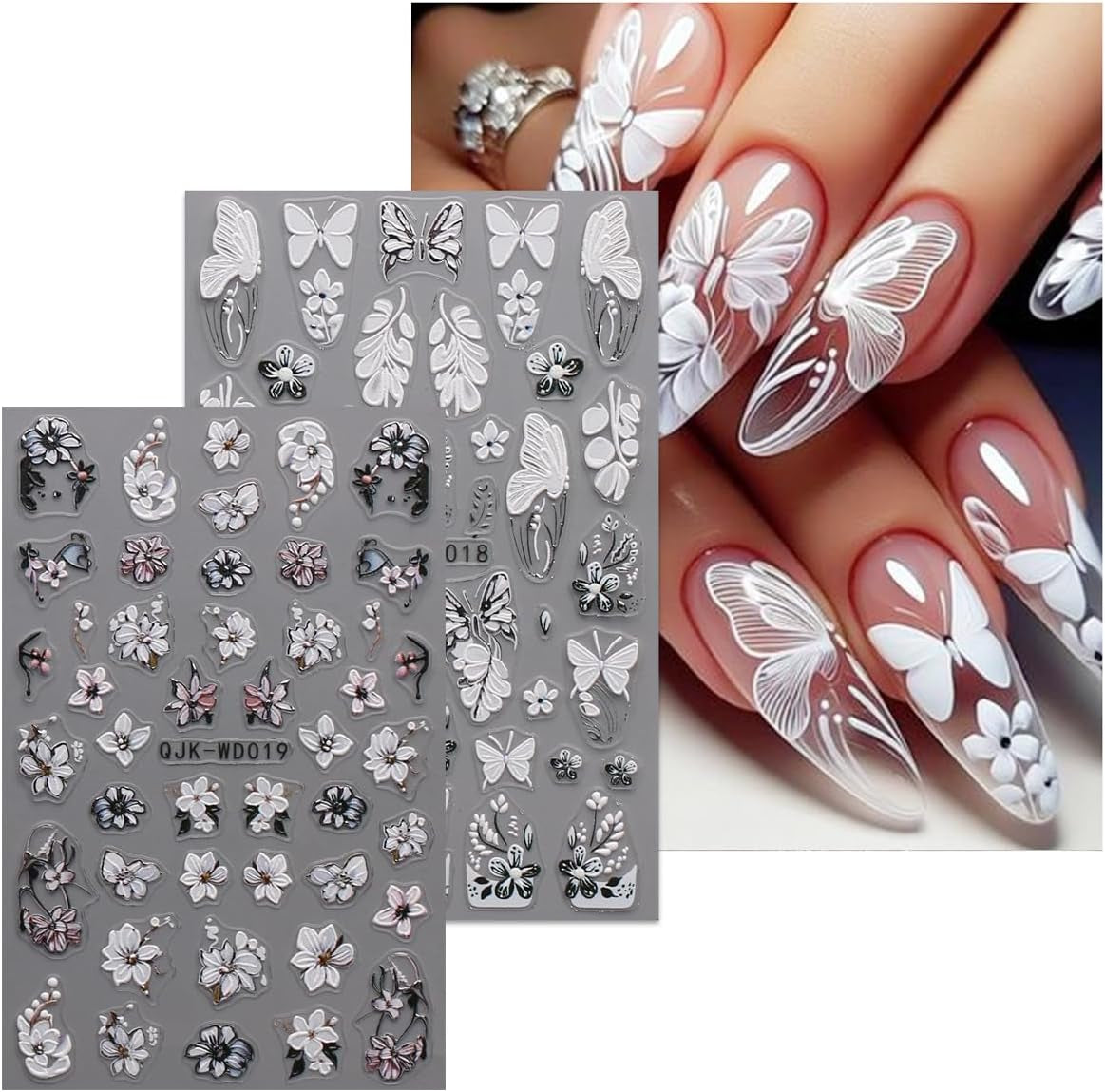 JMEOWIO Nálepka na nehty Schwarz Weiße Blume 6 Blatt Nálepka na nehty Selbtklebend Nagelaufkleber Frühling Letní květinová dekorace Nageldesign Zubehör