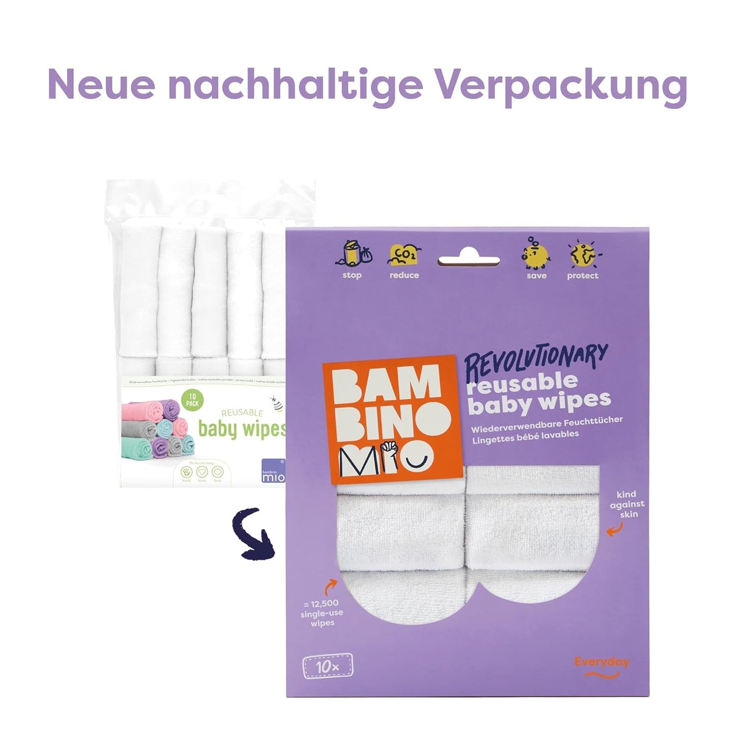 Opakovaně použitelné dětské ubrousky Bambino Mio – základní – šetrné k životnímu prostředí, bez chemikálií, oboustranné, omyvatelné, 10 balení, cloud – balení se může lišit