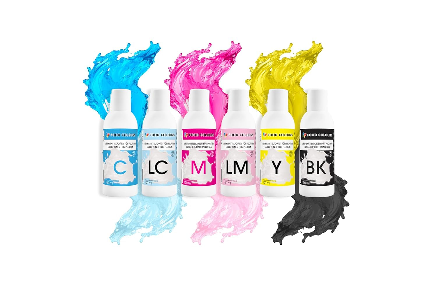Sada potravinářských barviv s jedlými inkousty pro plotry 6 x 100 ml | Světle azurová | Azurová | Světle purpurová | | Purpurová | Žlutá | Černá | Jedlý potisk, potisk oplatkového papíru, ozdobné polevy dortů
