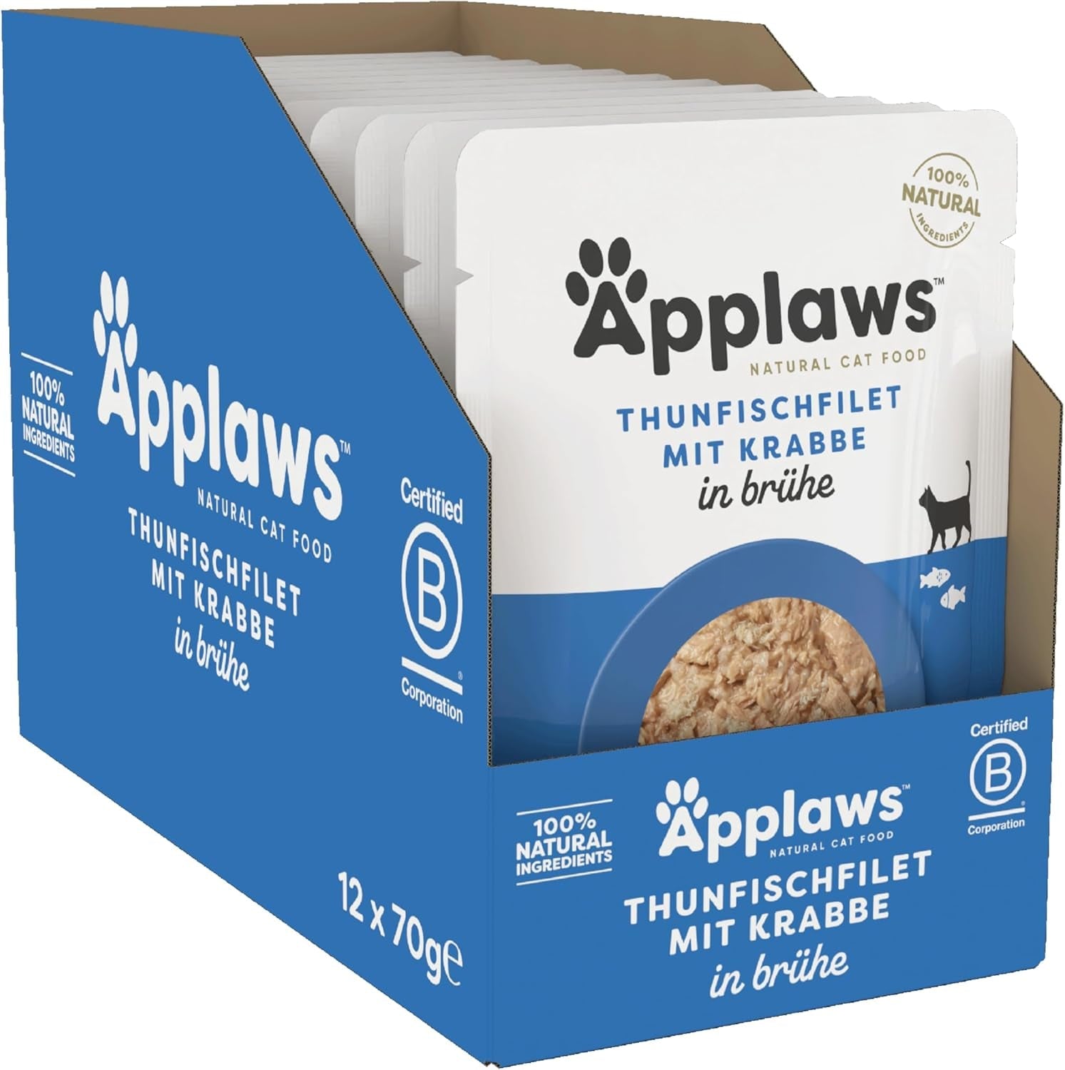 Applaws 100% přírodní Nassfutter für Katzen, Thunfischfilet mit Krabben in Brühe - Packung mit 12 x 70g Beuteln