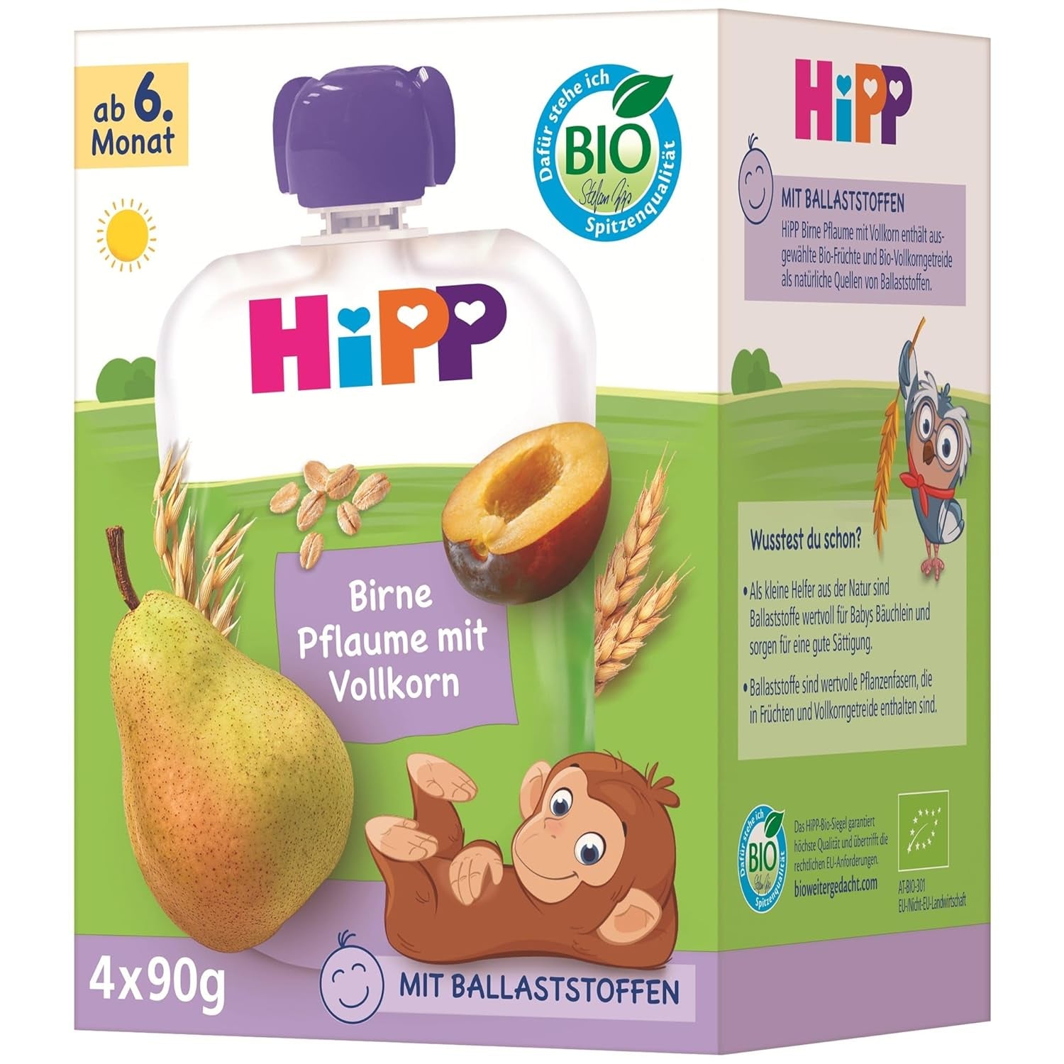 HiPP bio hruškové a švestkové sáčky, celozrnné, 16 kusů (4 balení po 4 x 90 g), pro děti od 6 měsíců, bez přidaného cukru, veganské, nejlepší bio kvalita