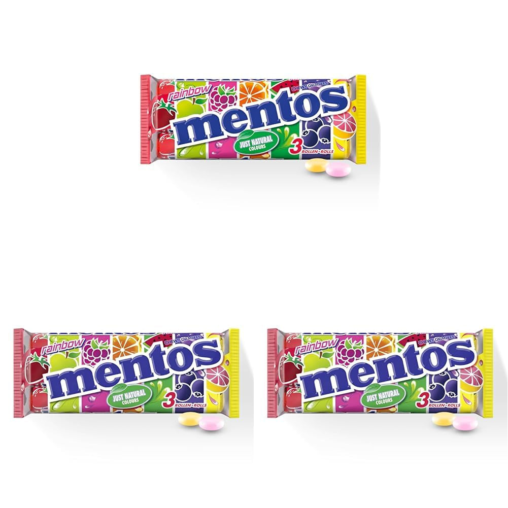 Ovocné dražé Mentos Pomeranč Citron Jahoda Sladkosti s příchutí žvýkacího ovoce (3 rohlíky), Veganské (balení po 3)