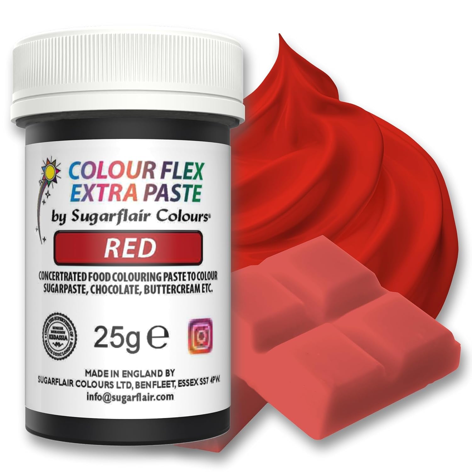 Sugarflair Colourflex Extra Paste potravinářské barvivo, červené - Jedlé potravinářské barvivo na máslový krém, čokoládu, cukrovou pastu, polevu, fondán, dortové směsi, těsto a další - 25g