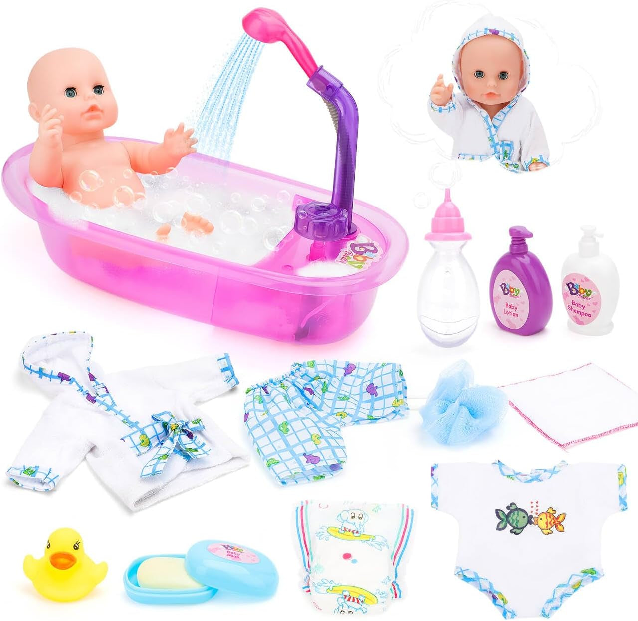 deAO sada vaničky pro panenky, 33cm interaktivní panenka, vanička pro panenky, sada pro panenky s dudlíkem, oblečky pro panenky, župan, plenky pro panenky, vanička a funkční sprchový sprej