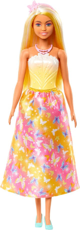 Královská panenka Barbie s efektními vlasy s barevnými pramínky, barevné doplňky, přechodový žlutý top a motýlí sukně, HRR09 Naty Shop Dolls