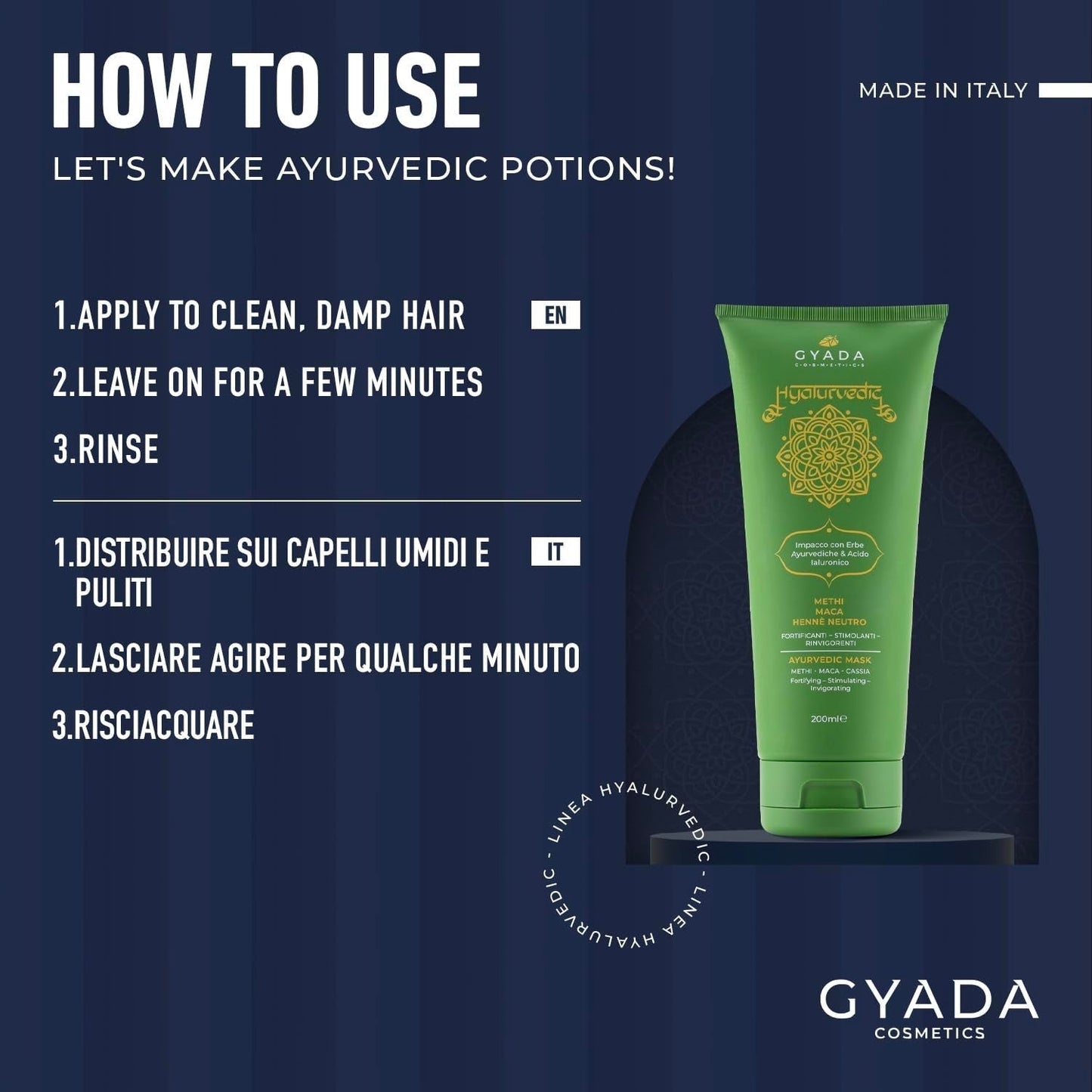 GYADA KOSMETIKA, Hyalurvédský posilující ajurvédský obklad, Profesionální ošetření pro jemné a slabé vlasy, Anti-Frizz s methi, Maca, Neutrální henna, 200 ml Naty Shop vlasová maska