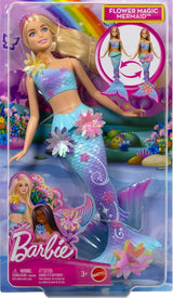 Barbie Meerjungfrauen-Spielzeug Puppe s magischer Überraschungs Blüte, Schwanzflosse mit Farbverlauf, perlenbesetzten Haarreif und langem blonden Haar mit rosa Strehchen, JDM72