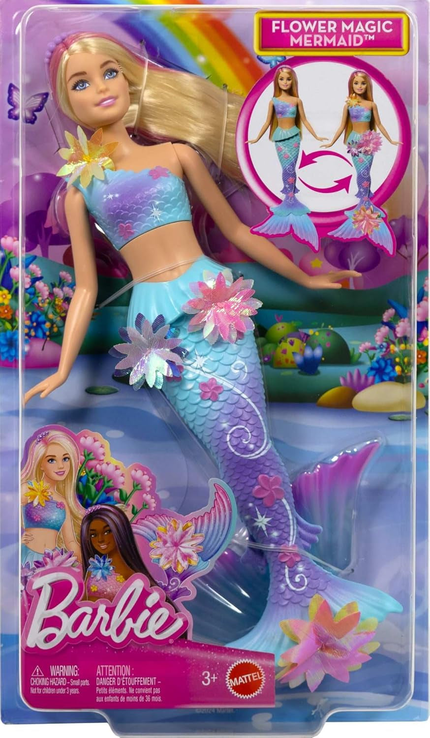 Barbie Meerjungfrauen-Spielzeug Puppe s magischer Überraschungs Blüte, Schwanzflosse mit Farbverlauf, perlenbesetzten Haarreif und langem blonden Haar mit rosa Strehchen, JDM72