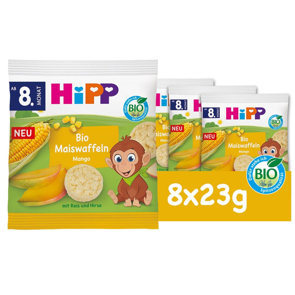 HiPP Bio kukuřičné vafle s mangem (8 x 23 g), přesnídávka pro miminka od 8 měsíců, slazená pouze ovocem a zeleninou, bez lepku, nejlepší bio kvalita