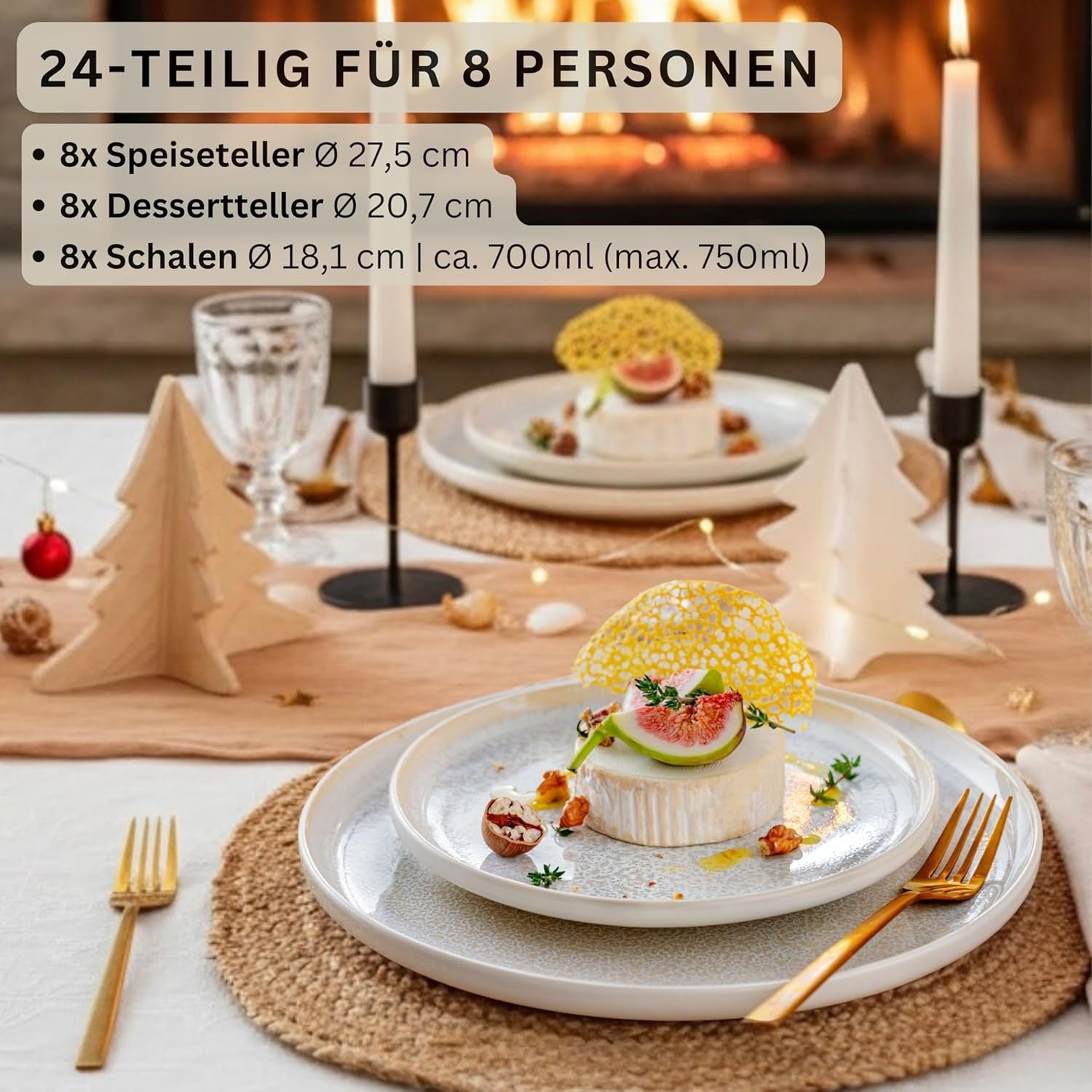 SANGER | 24dílná sada korfuského nádobí Večeřský servis pro 8 ručně vyrobených keramických sad nádobí včetně talířů Dezertní talíře a talíře Suma Krémové nádobí s pískovou texturou