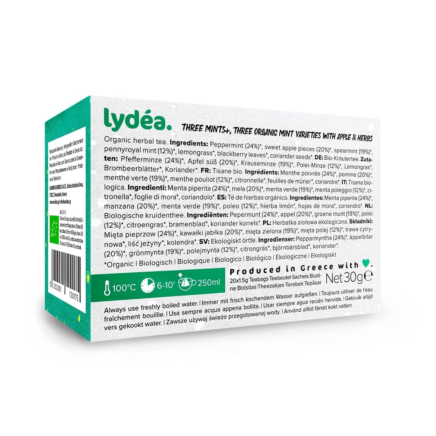 Lydea Three Mints+ Organický bylinný čaj se třemi druhy máty, jablka a bylinek, 60 pyramid, 3 balení [3 x 20 pyramid]