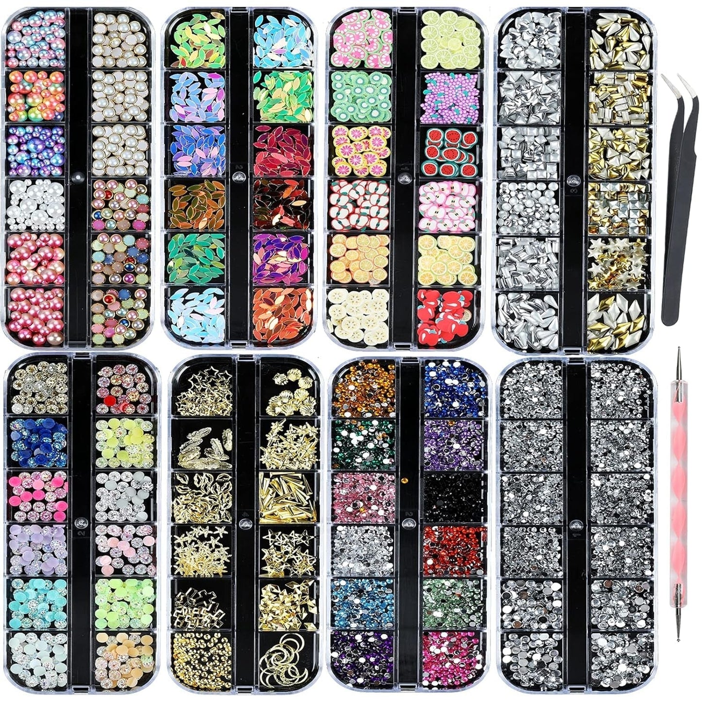 8 Boxen Nail Art Strass Kit - Nail Art Gemischt Strass Set, Nagel Kunst Strasssteine ​​​​Gems Perlen Edelsteine ​​Bunt Pferdeaugen Strass Für Nageldesign Zubehör Mit 1 Pinzetten Und 1 Strass Picker Für DIY