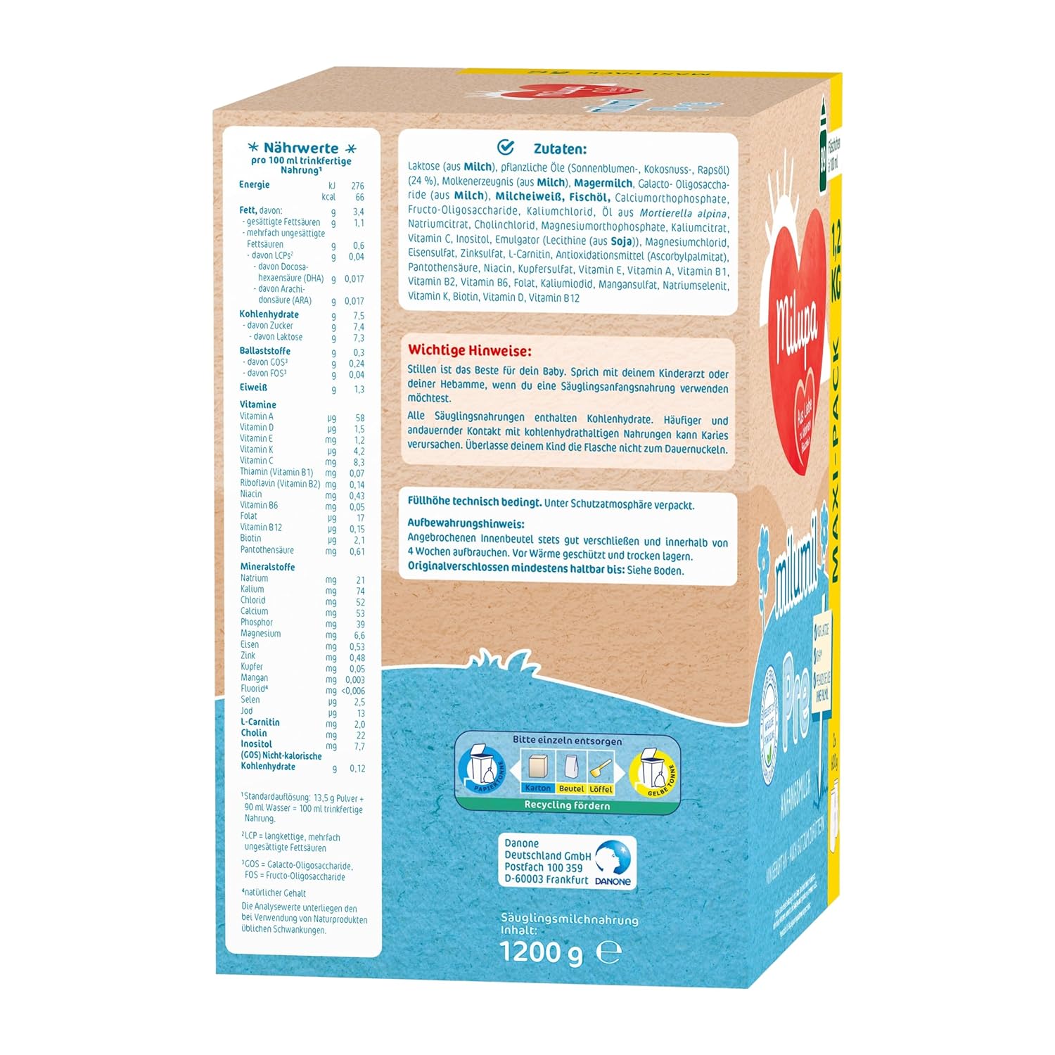 Milupa Milumil Pre, Sušené mléko pro kojence - S důležitými živinami a bez palmového oleje - 800 g Naty Shop