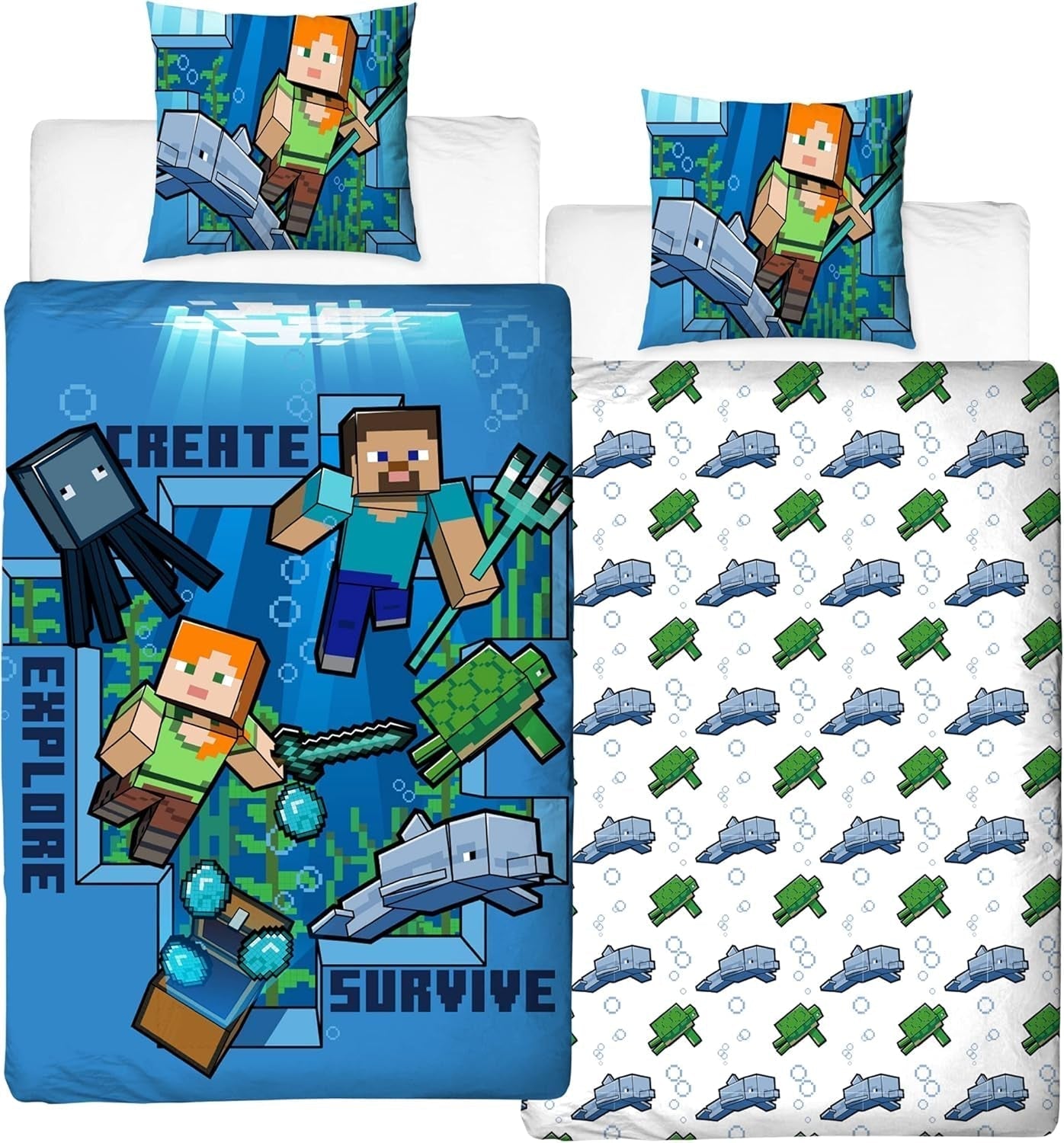 Minecraft Povlečení Kinderbettwäsche Jugendbettwäsche 135X200 · Unterwasserwelt · Wende Motiv · Kissenbezug 80X80 + Bettbezug 135X200 Cm · 100% Baumwolle · Deutsche Größe Naty Shop