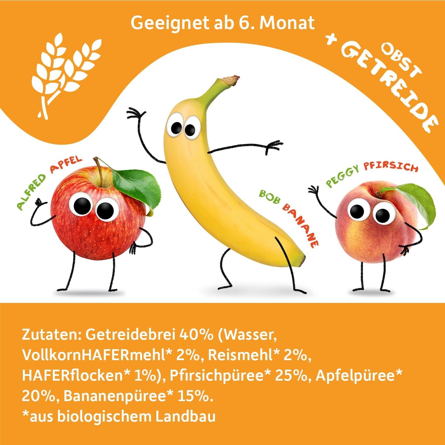 FRECHE FREUNDE Broskev Jablko Banán Oves Bio Ovocné pyré s cereáliemi ve stlačitelném sáčku pro děti 6 měsíců+ Vegan 6 balení (6 x 100 g)