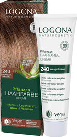 LOGONA Natural Cosmetics Plant Hair Color Cream 240 Nugát Brown, Přírodní barva na hnědé vlasy s hennou, barvicí krém na hnědé tóny, barva na tmavé vlasy, 150ml Barva na vlasy Naty Shop 240 Nougat Brown