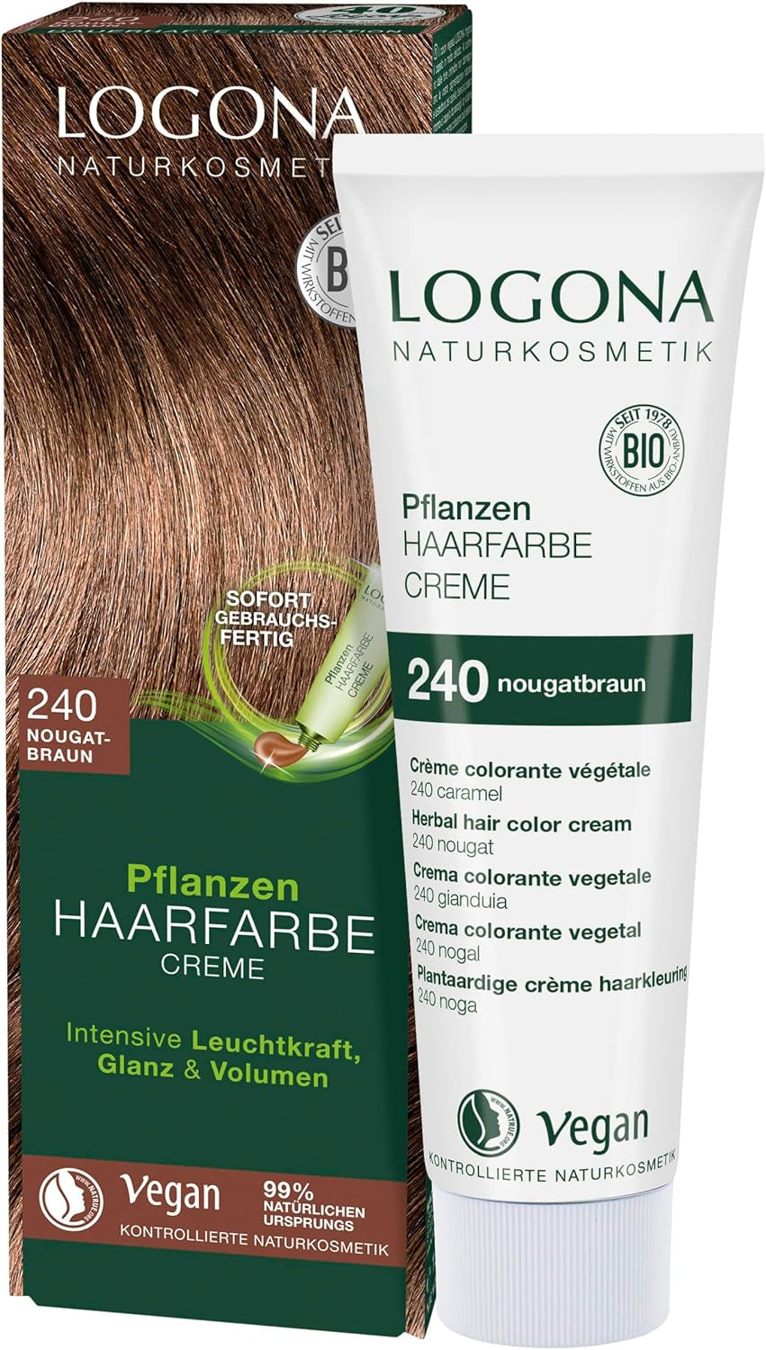 LOGONA Natural Cosmetics Plant Hair Color Cream 240 Nugát Brown, Přírodní barva na hnědé vlasy s hennou, barvicí krém na hnědé tóny, barva na tmavé vlasy, 150ml Barva na vlasy Naty Shop 240 Nougat Brown