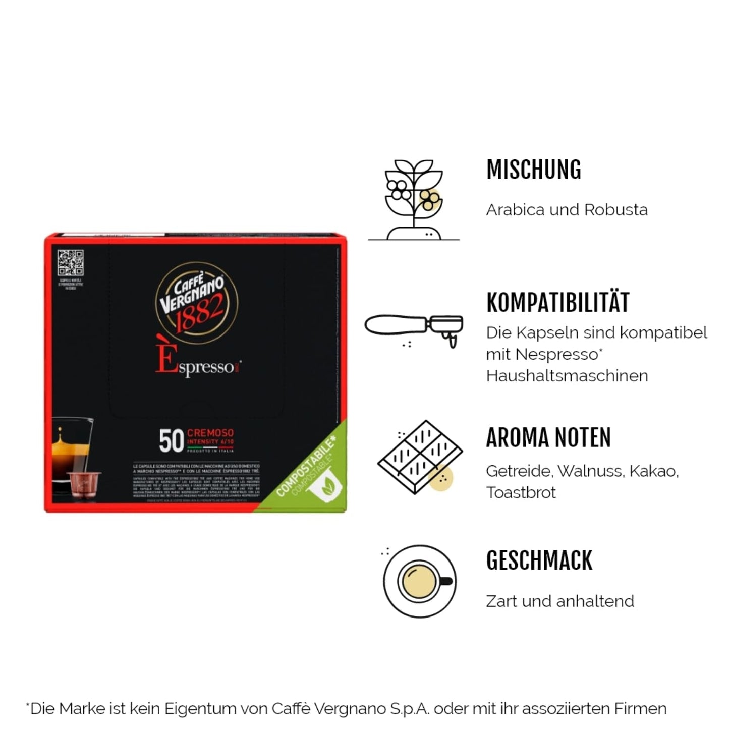 Caffè Vergnano 1882 - Èspresso Kompostierbare Kaffeekapseln, kompatibilní s Nespresso, Cremoso (krémová) - Packung Enthält 50 Kapseln