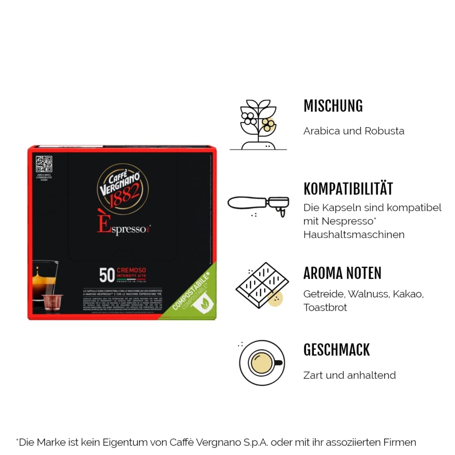 Caffè Vergnano 1882 - Èspresso Kompostierbare Kaffeekapseln, kompatibilní s Nespresso, Cremoso (krémová) - Packung Enthält 50 Kapseln