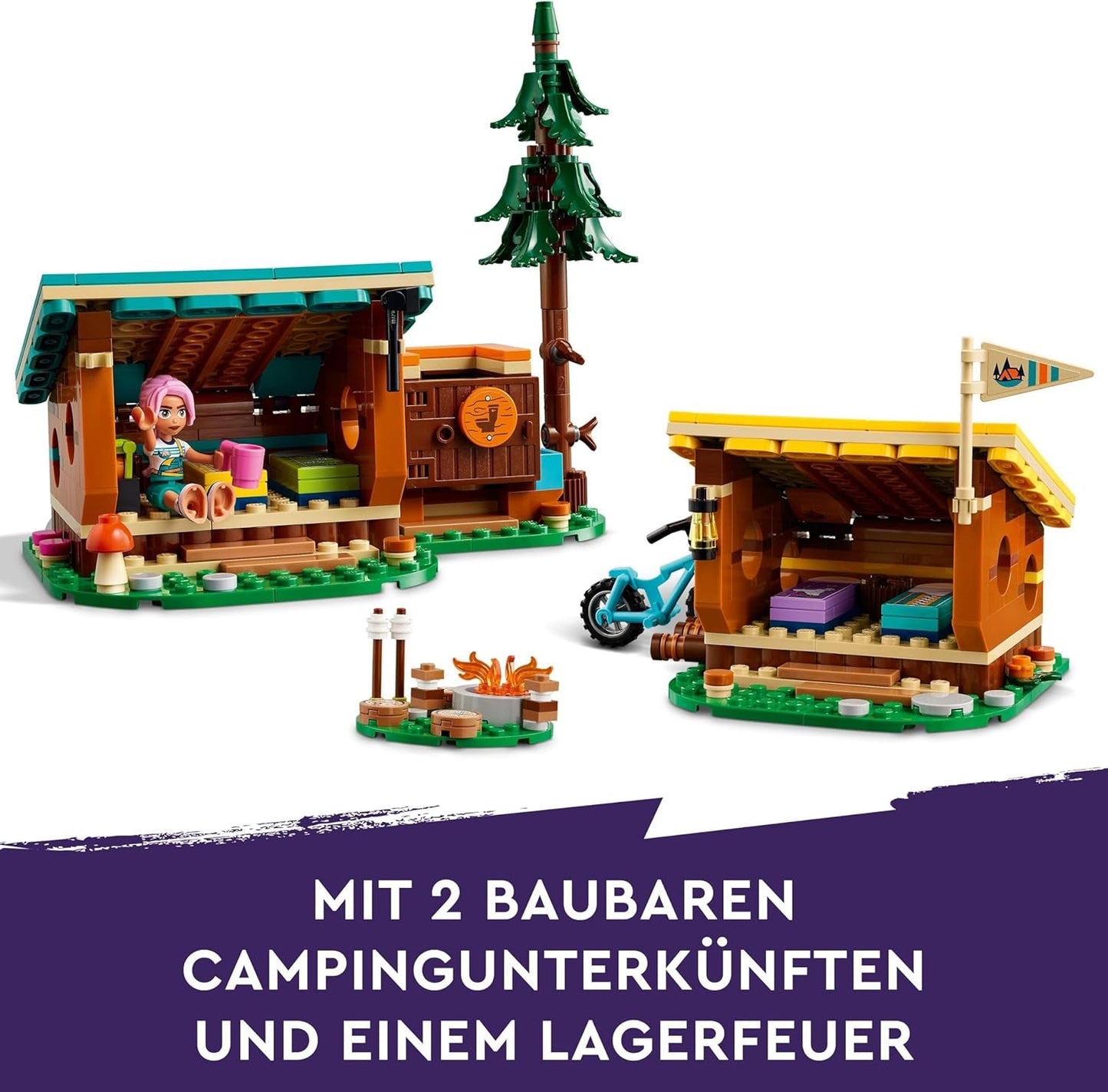LEGO Friends Útulné chatrče v dobrodružném táboře, Venkovní sada na hraní rolí, Dětská hračka pro dívky a chlapce od 7 let se 3 figurkami a liškou, Kempingová hračka 42624 Stavebnice Besuche den LEGO-Store