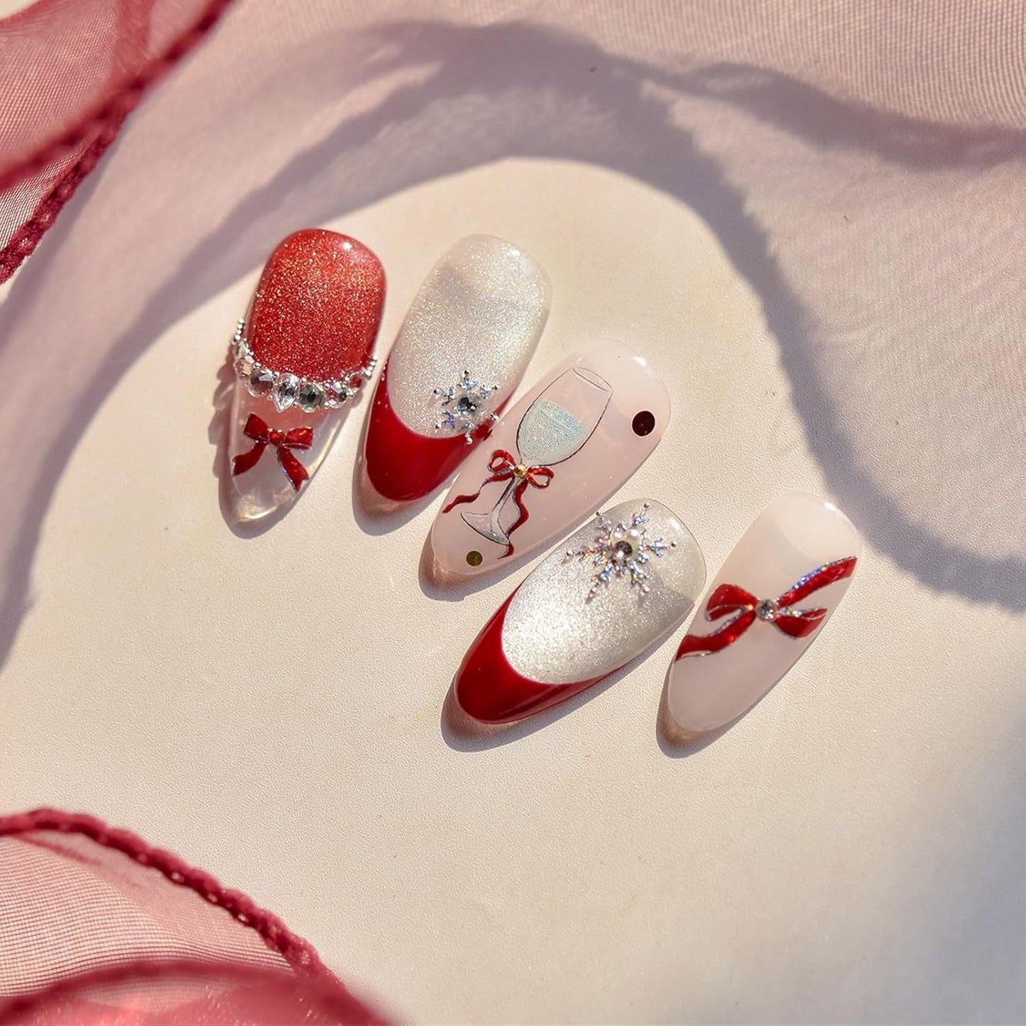 JMEOWIO 3D Nálepka na nehty Roter Kelch Mit Schleife Nálepka na nehty Selbstklebend Nagelaufkleber 5D Stereoskopická dekorace Nageldesign Zubehör 1 Blatt