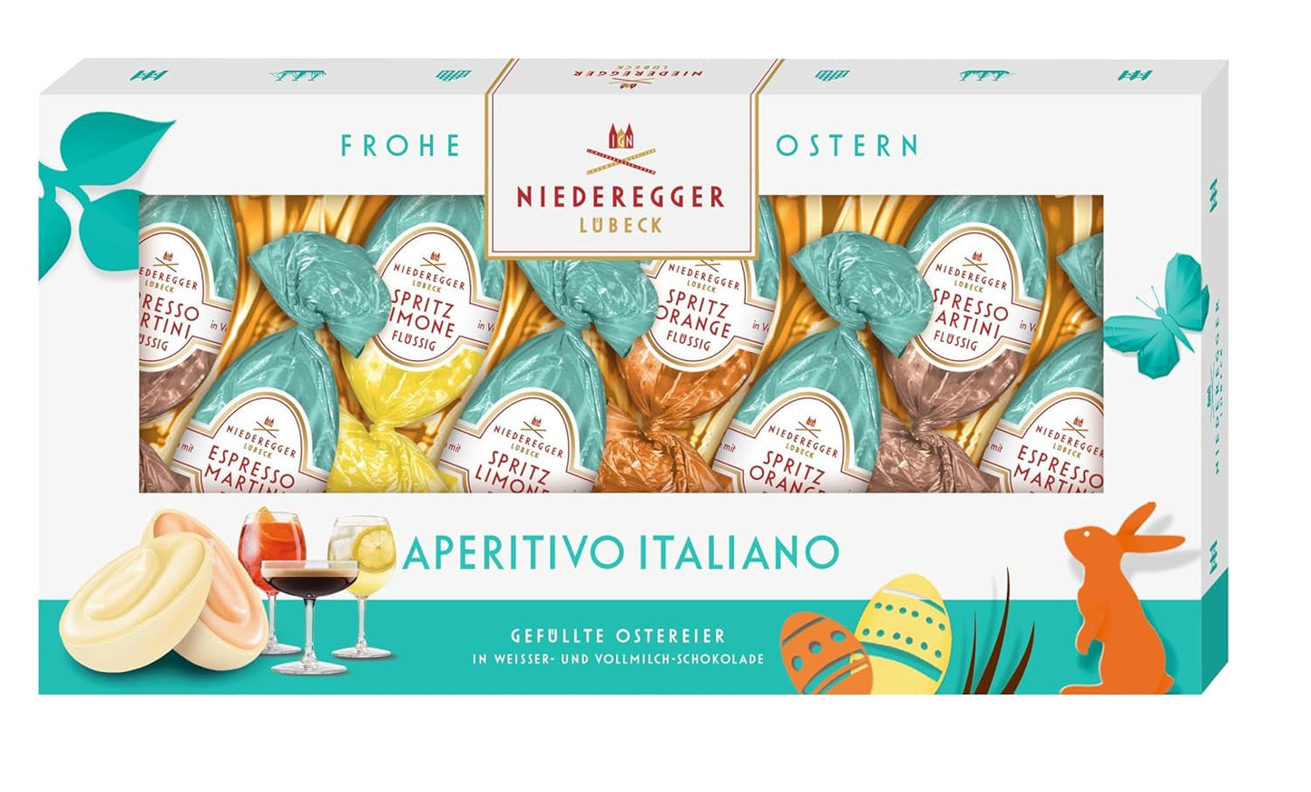 Niederegger | Pralinková vajíčka | Italský předkrm | 1 x 100 g | Plněná vejce v příchutích Lemon Spritz, Orange Spritz a Espresso Martini | Polévaný v mléce a bílé čokoládě | velikonoční dárek
