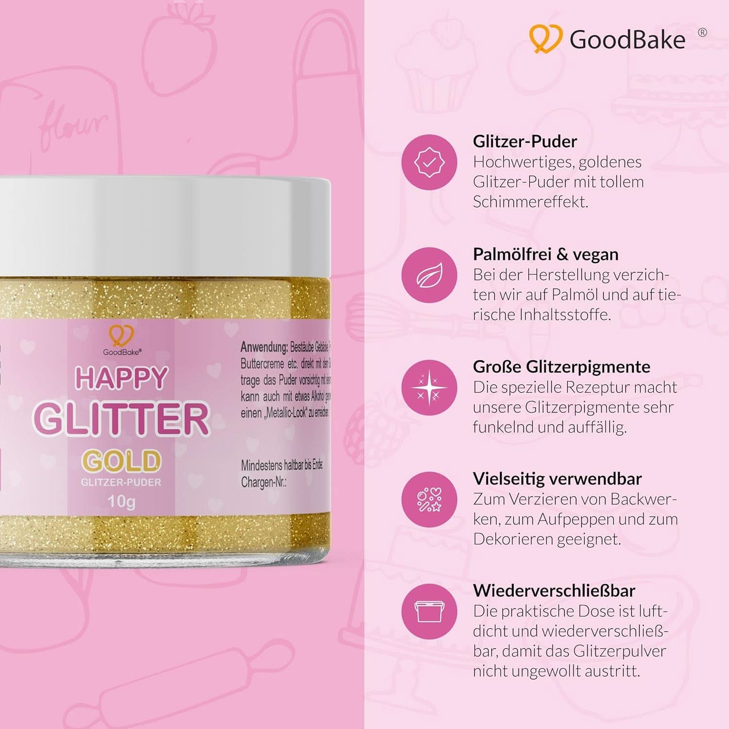 Goodbake Happy Glitter Gold - Jedlé třpytky na potraviny, 10 gramů Glitter Naty Shop