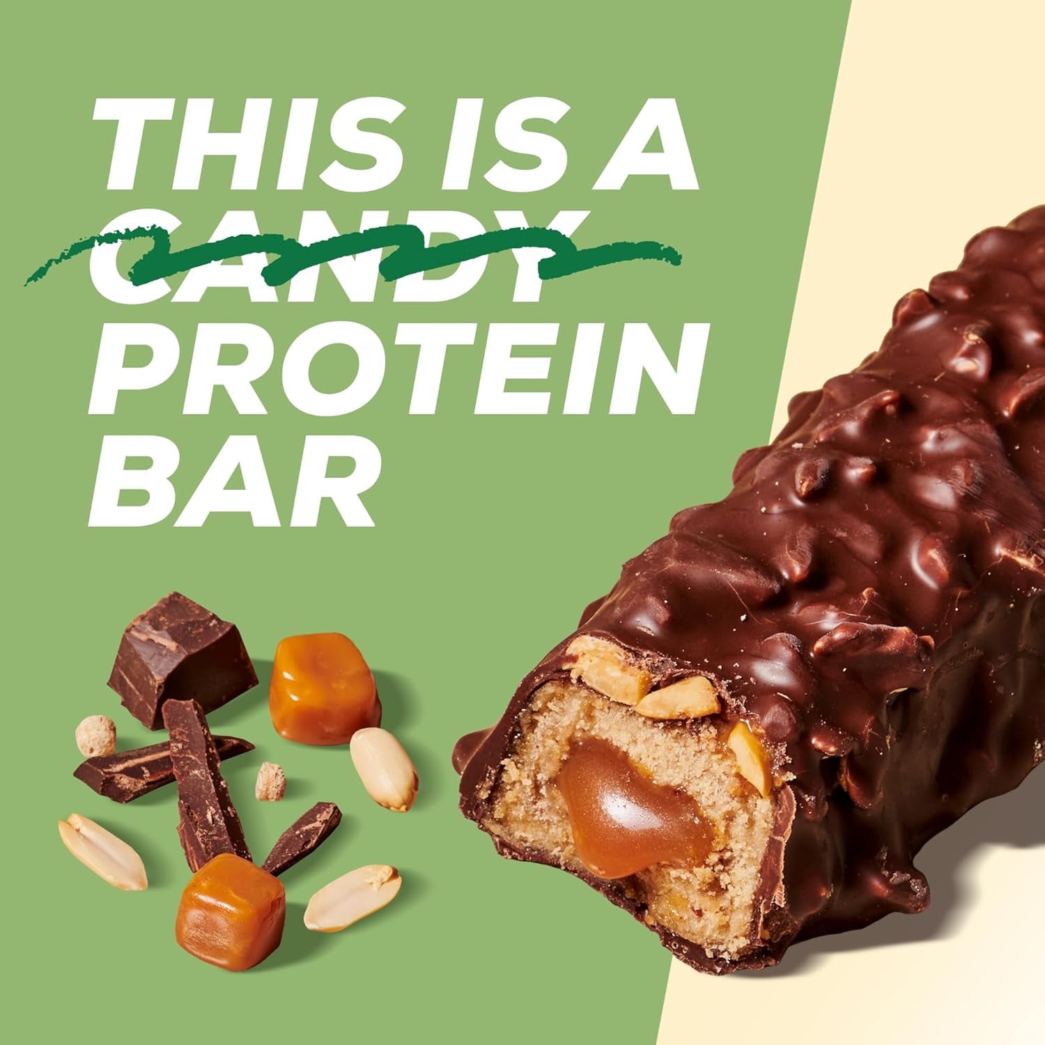 MaxiNutrition Krémová veganská proteinová tyčinka s čokoládou, arašídy a karamelem 12x45g - veganská proteinová tyčinka, 18% protein, 8,3g na tyčinku, nízký obsah cukru (0,9g), bez přidaného cukru, bez umělých aromat