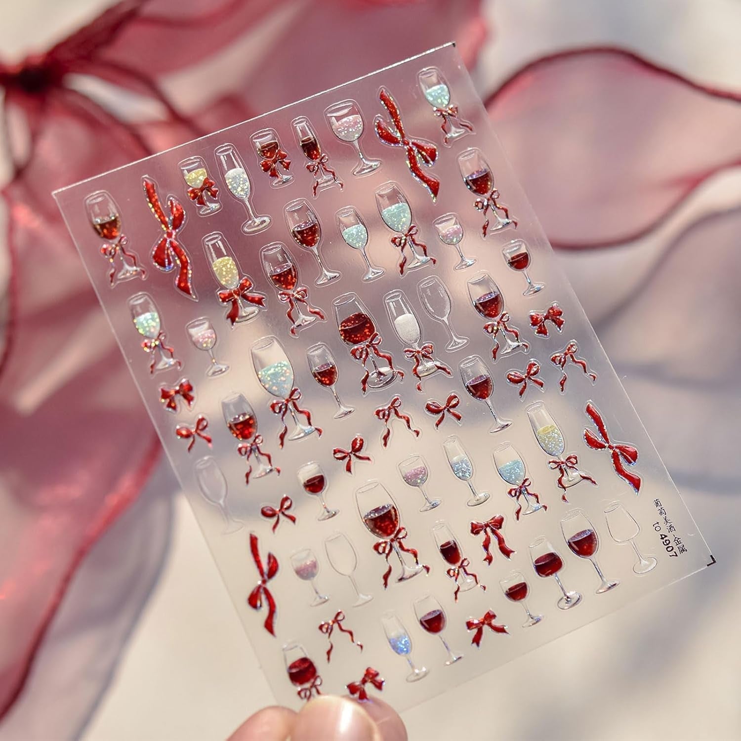 JMEOWIO 3D Nálepka na nehty Roter Kelch Mit Schleife Nálepka na nehty Selbstklebend Nagelaufkleber 5D Stereoskopická dekorace Nageldesign Zubehör 1 Blatt