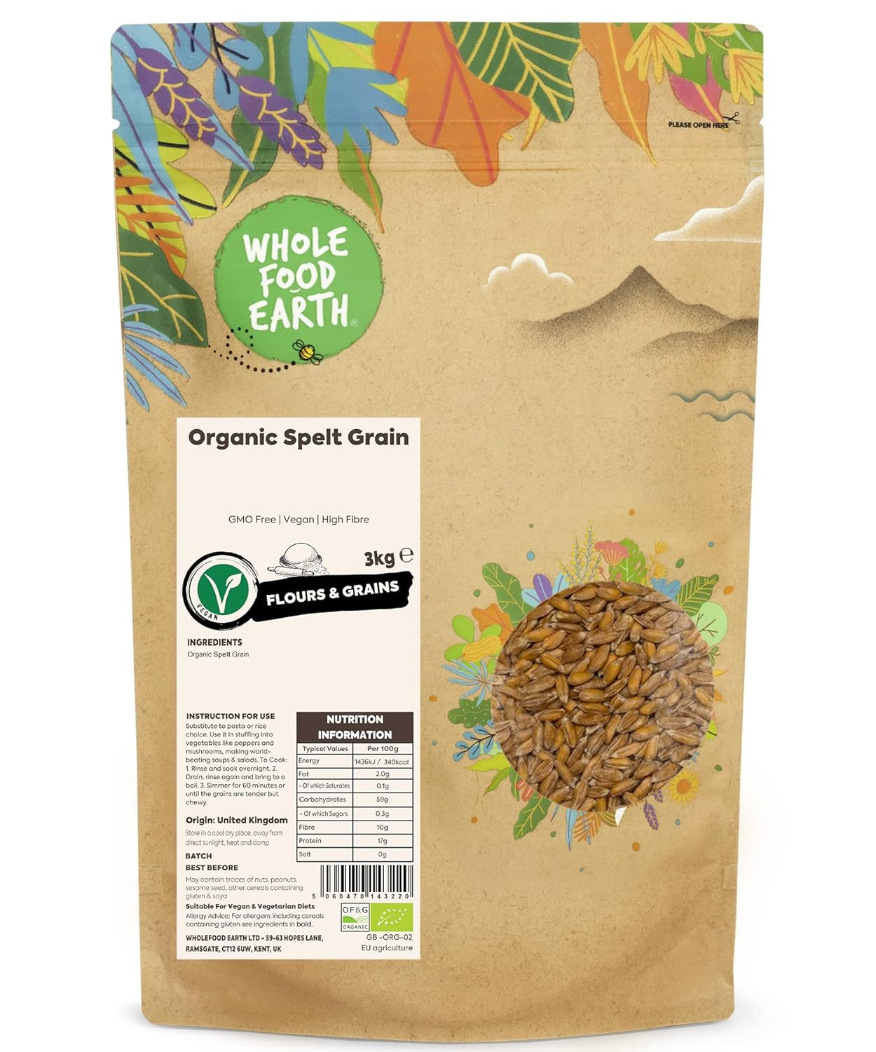 Wholefood Earth Bio zrna špaldy – 3 kg | Bez GMO | Vegan | Bohaté na vlákninu | Certifikované organické