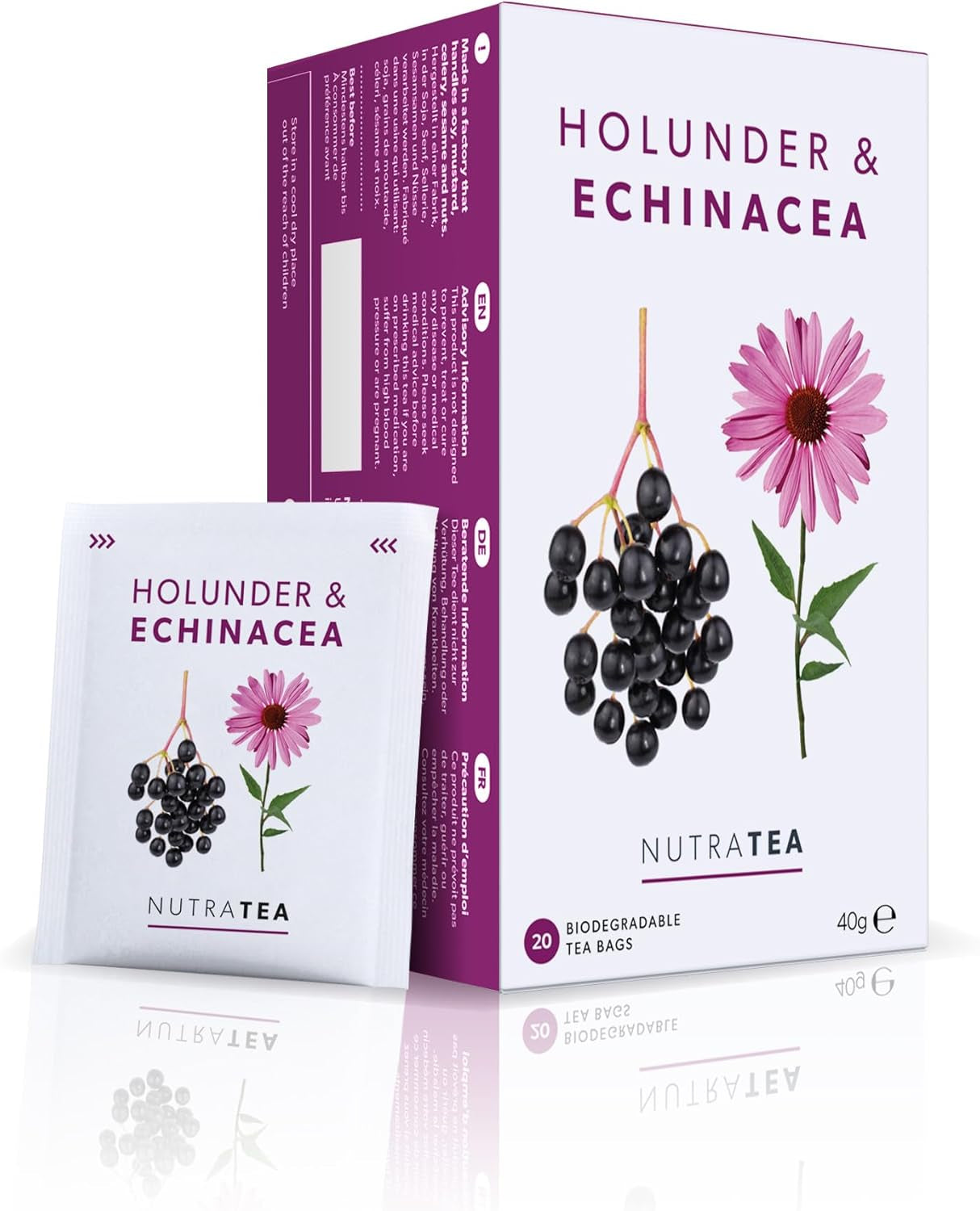 Nutra Tea Bezinka a Echinacea, Čaj Imunita a nachlazení, Čaj na podporu imunity, Boj proti nachlazení, 20 opakovaně použitelných čajových sáčků, Přírodní bylinný čaj