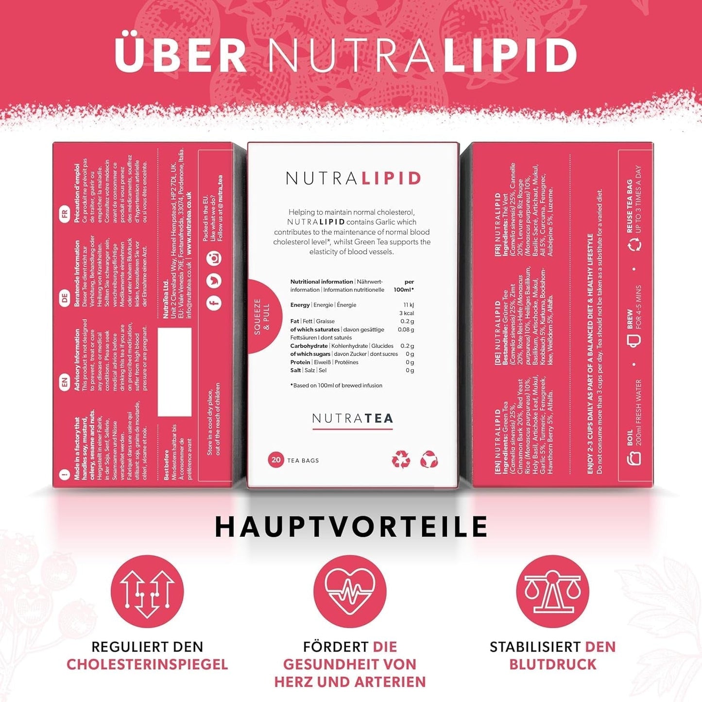 Nutra Tea NUTRALIPID, Blood Sugar Balancing Tea Pomáhá udržovat hladinu cukru v krvi, Čaj na hubnutí Zlepšuje metabolismus a dokáže potlačit chuť k jídlu, 20 opakovaně použitelných čajových sáčků