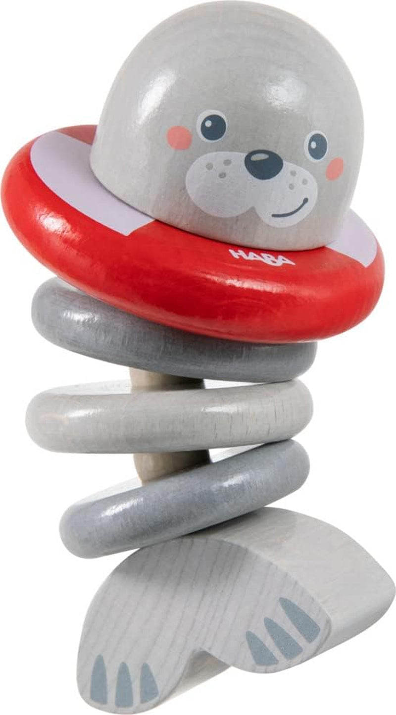 HABA 306691 - Postavička chrastítko tuleň, uchopovací hračka od 6 měsíců, Made in Germany, šedá Baby Toys Naty Shop