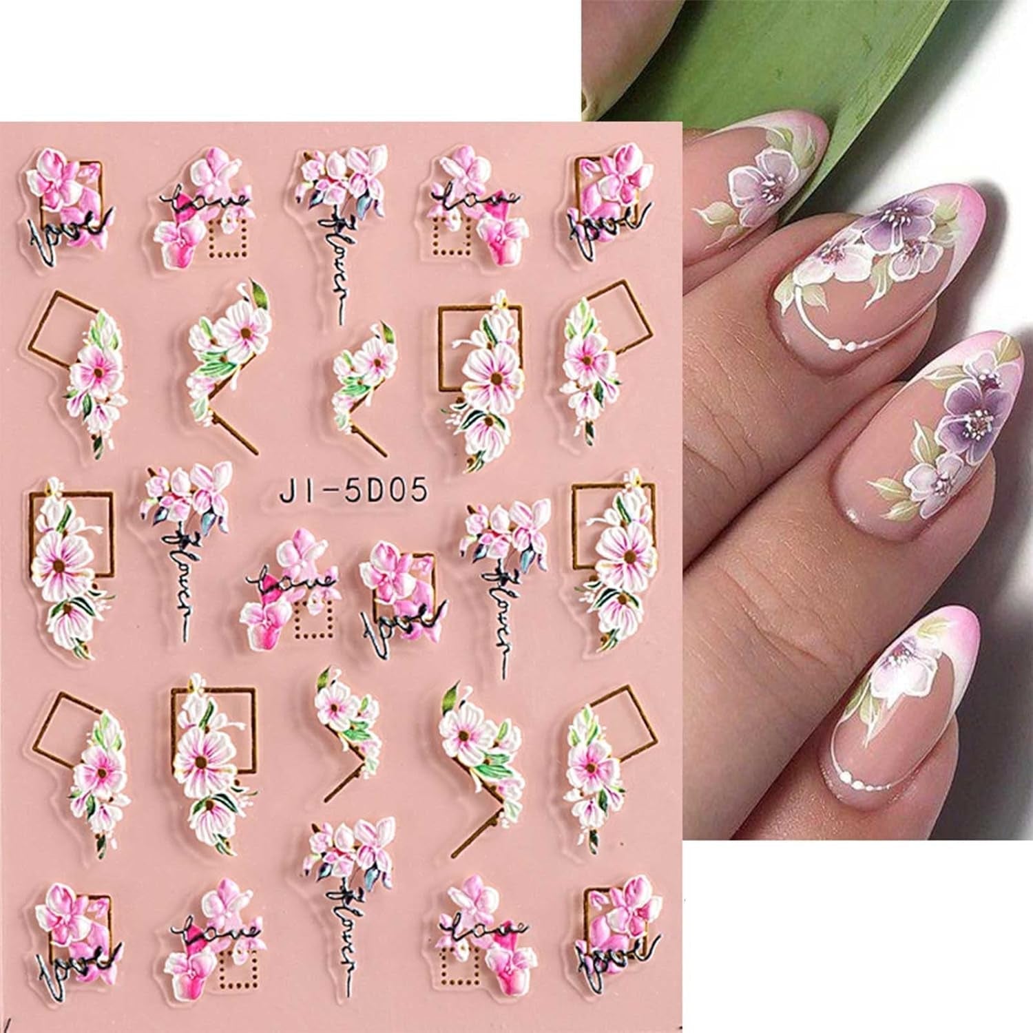 JMEOWIO 3D Nálepka na nehty Frühling Blume Nálepka na nehty Selbstklebend Nagelaufkleber 5D Stereoskopisch Buntes Letní Blumen Dekorace Nageldesign Zubehör 4 Blatt
