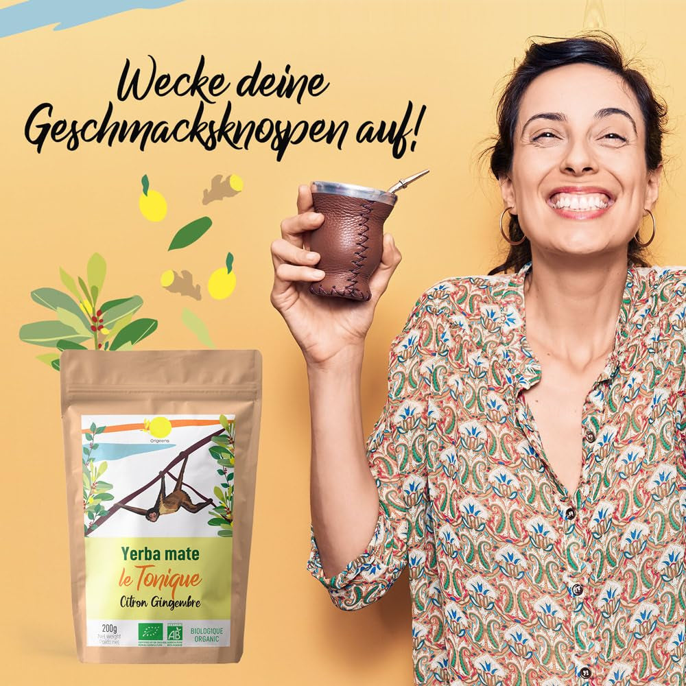 ORIGEENS BIO YERBA MATE S CITRONEM A ZÁZVOREM 200 G - Energizující čaj I Organický čaj Yerba Maté, nepražený, listy, bez stonků a prachu