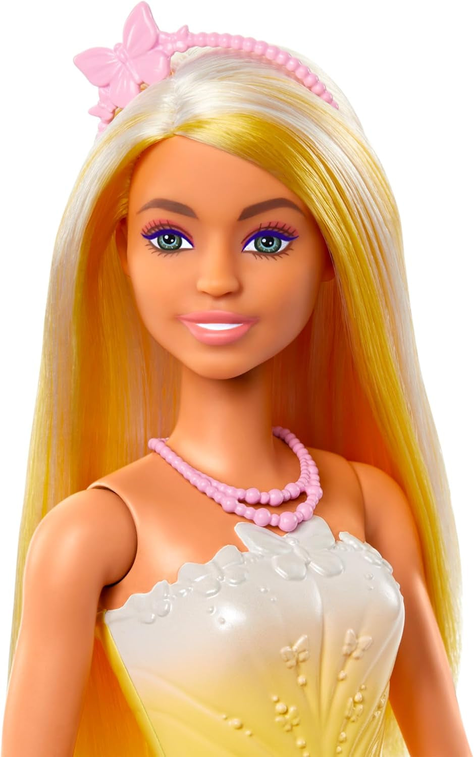 Královská panenka Barbie s efektními vlasy s barevnými pramínky, barevné doplňky, přechodový žlutý top a motýlí sukně, HRR09 Naty Shop Dolls