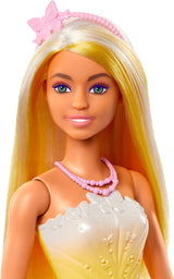 Královská panenka Barbie s efektními vlasy s barevnými pramínky, barevné doplňky, přechodový žlutý top a motýlí sukně, HRR09 Naty Shop Dolls