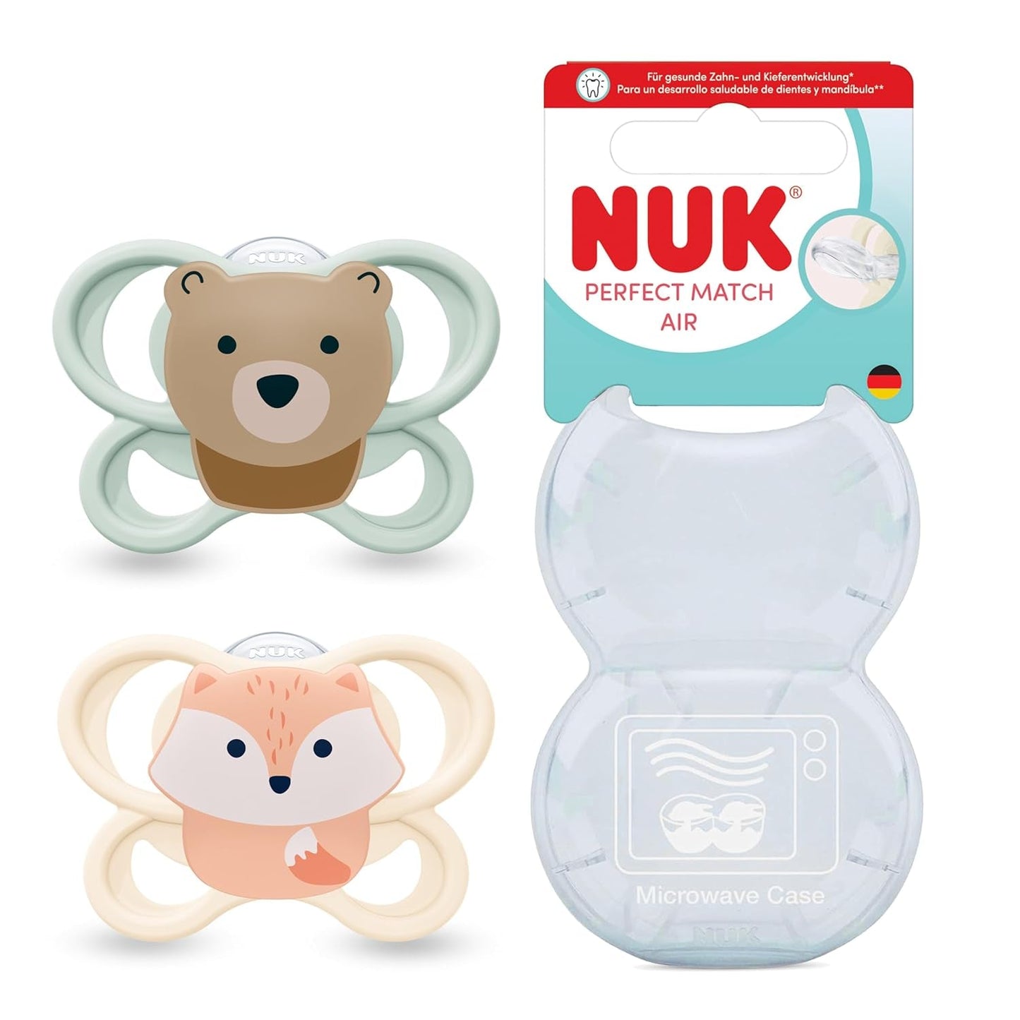 Dudlíky NUK Perfect Match pro miminka | 0-6 měsíců | Ortodontické dudlíky, které podporují cirkulaci vzduchu a zabraňují slintání | 95% přijetí miminky** | Fox/Teddy Bear | Balení 2