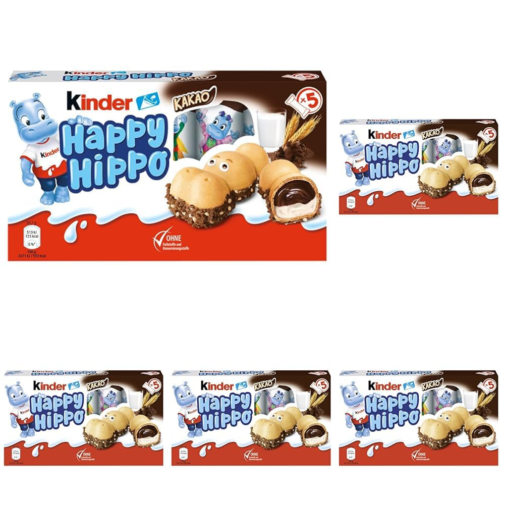 Kinder Happy Hippo Lískový ořech - Speciální křupavé oplatky s mlékem a lískooříškovým krémem - Karnevalové a Mardi Gras sladkosti - 1 balení obsahující 5 jednotlivých tyčinek po 20,7 g